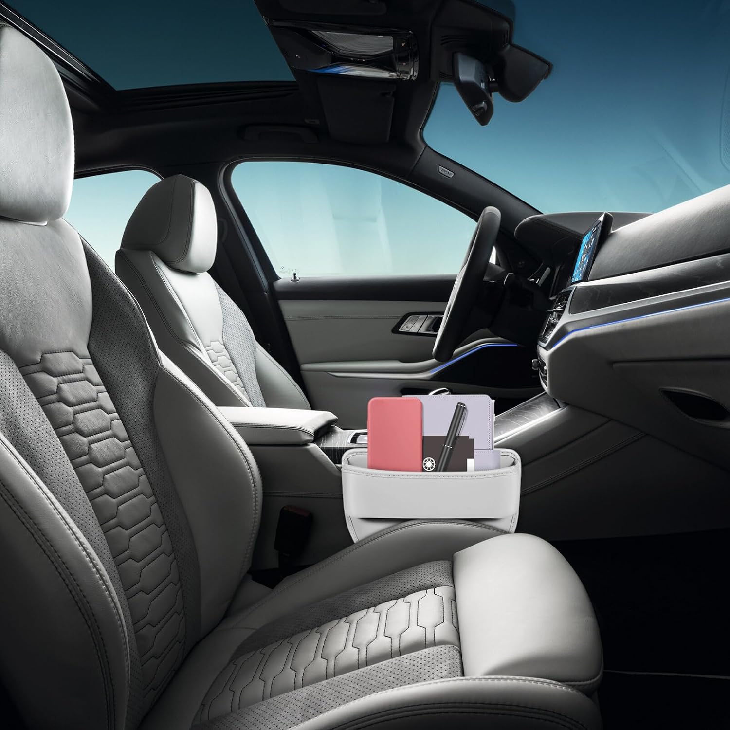 2Pcs Car Seat Gap Filler Organizer Gray Leather Car Seat Storage Box for Small Items Easy Installation Compact Fixed Storage Solution