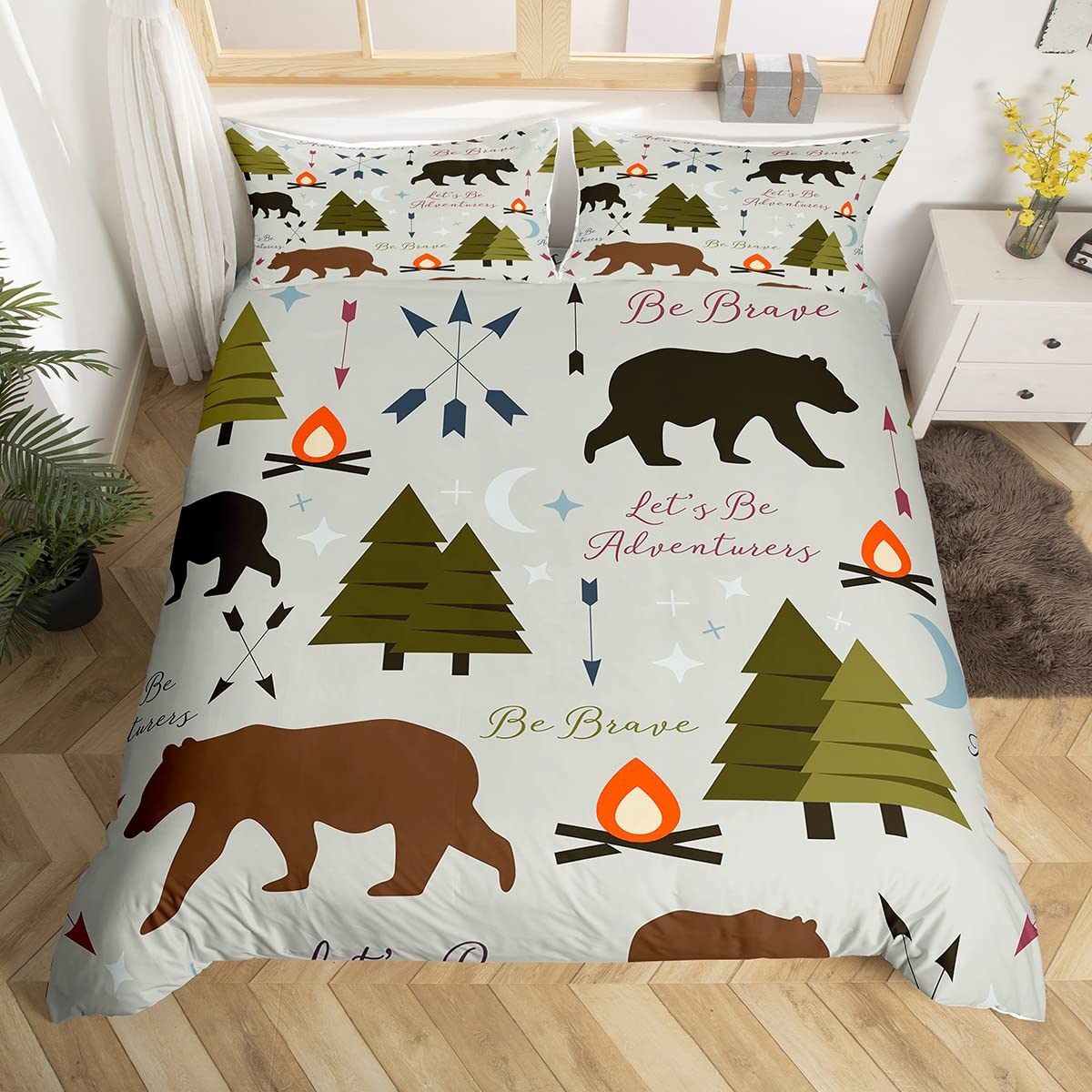 feelingyou Happy Camping Duvet Cover Single Size,Hunt Bear Pine Trees Comforter Cover for Adults Kids Bedroom Decor,Campfire Arrow Cartoon Decorative Breathable Bedding Set 1 Pillowcase,No Comforter