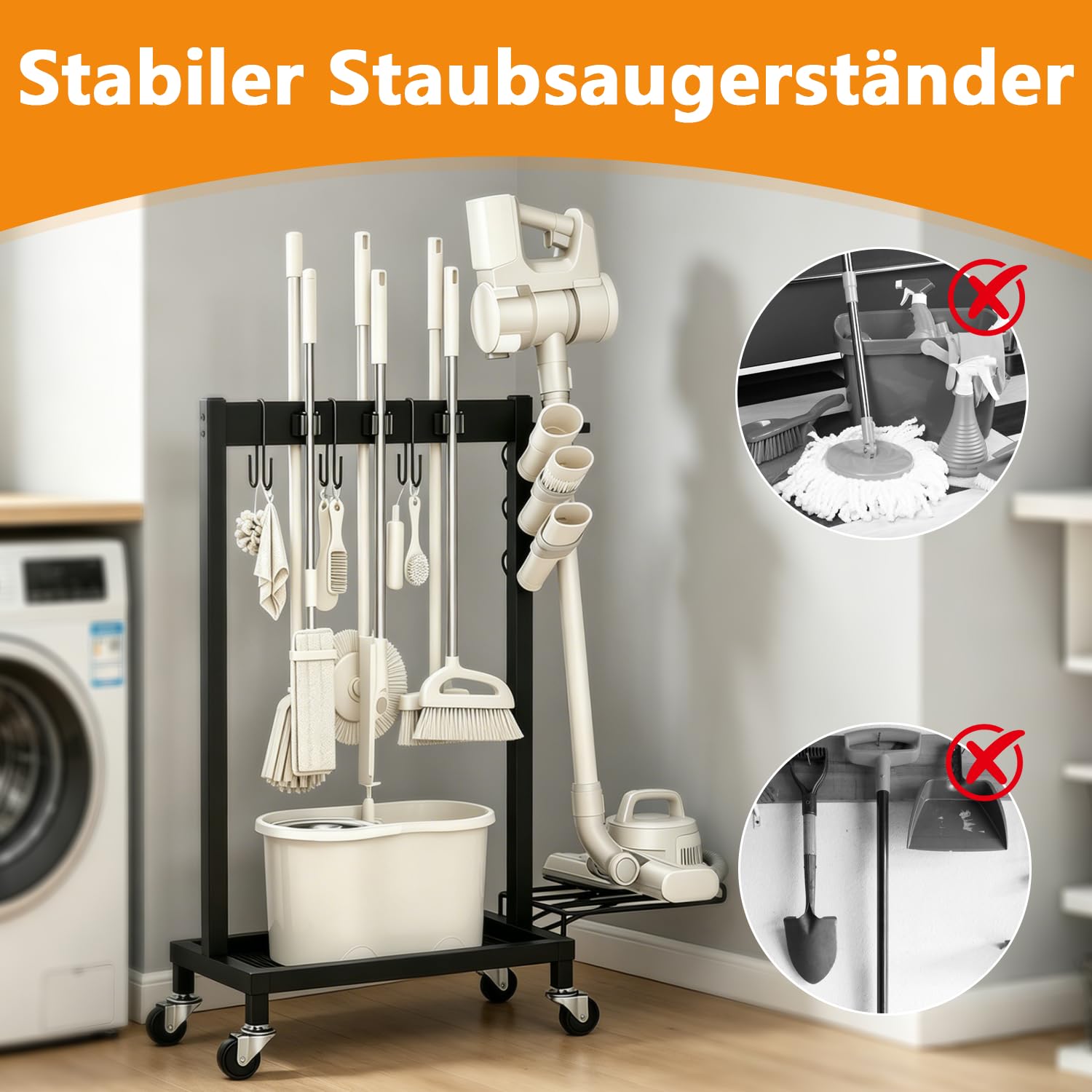 Besenhalter mit Ablage für Reinigungsutensilien, Besenhalter auf Rollen, Halter für Besen und Mopps, Reinigungswagen mit 6 Mopp-Haken, inklusive 3 Doppelhaken, Tragkraft 68 kg