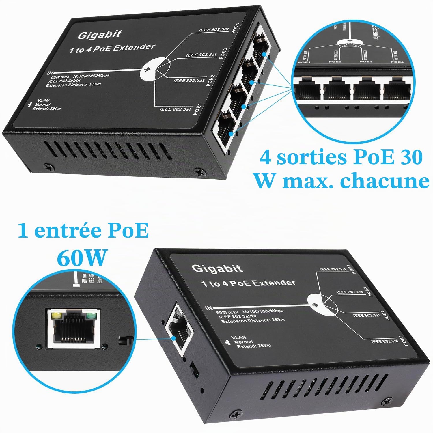 Revotech Gigabit 4 Port Extendeur 1000 Mbps 1 sur 4 POE+ Répéteur Entrée 802.3bt Sortie 30W 100m/250m
