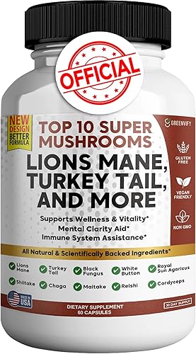 Lions Mane 10 Super Champiñones Suplemento - Melena de León, Reishi, Cordyceps, Extractos de Shiitake - 60 Cápsulas (1)