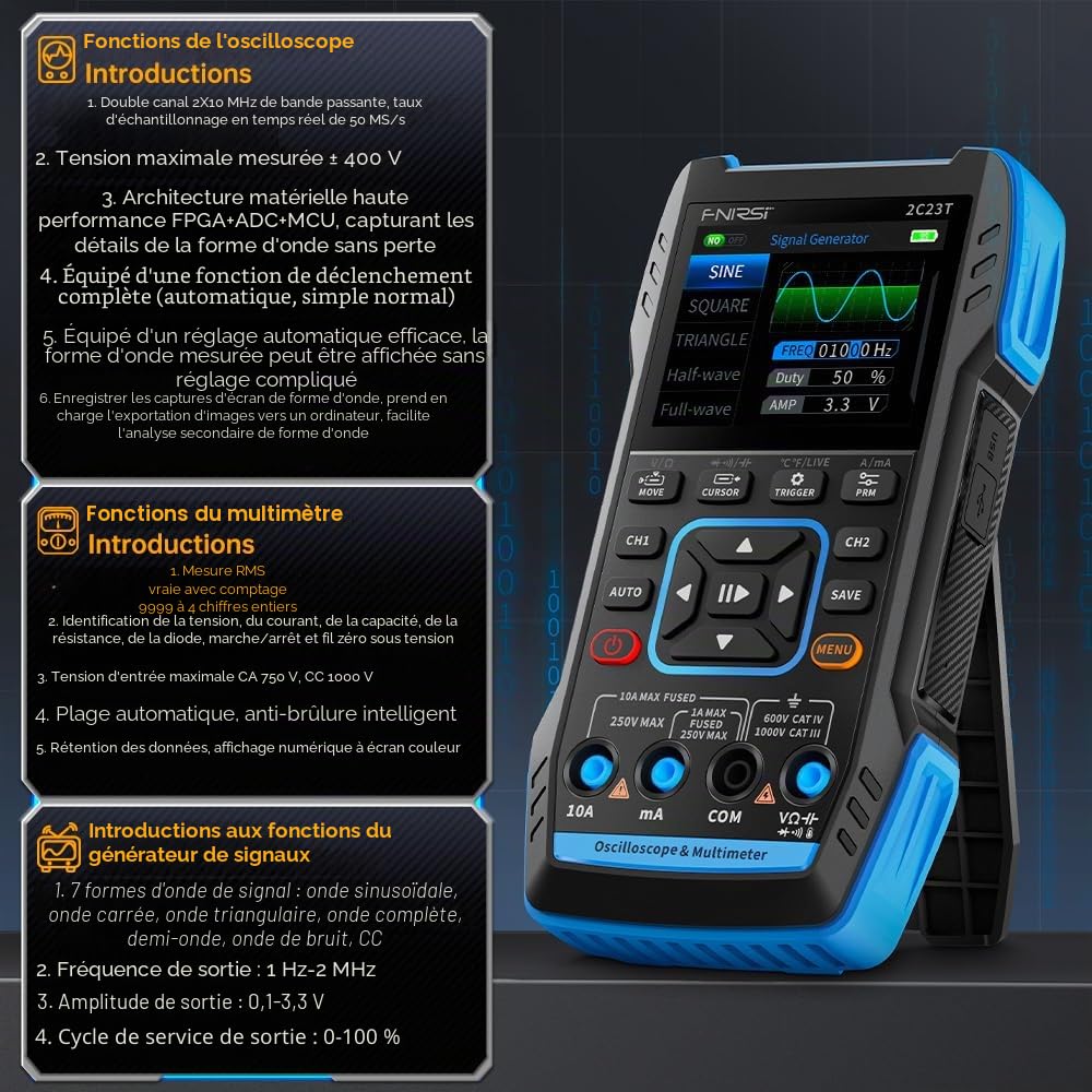 Oscilloscope Multimètre 3 en 1 Oscilloscope USB Oscilloscope 2 canaux 10 MHz Bande passante 50 MSa/s Taux d'échantillonnage 9999 comptes avec sonde Pince crocodile rouge noire Stylo multimètre