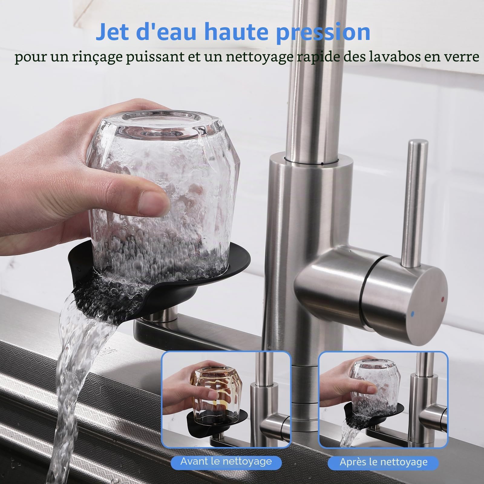 Robinet de Cuisine LakeBay Lave-Verres 360° Rotatif Extensible, Miscelateur Monomandrin Double Jet, Acier Inoxydable 304 Brossé
