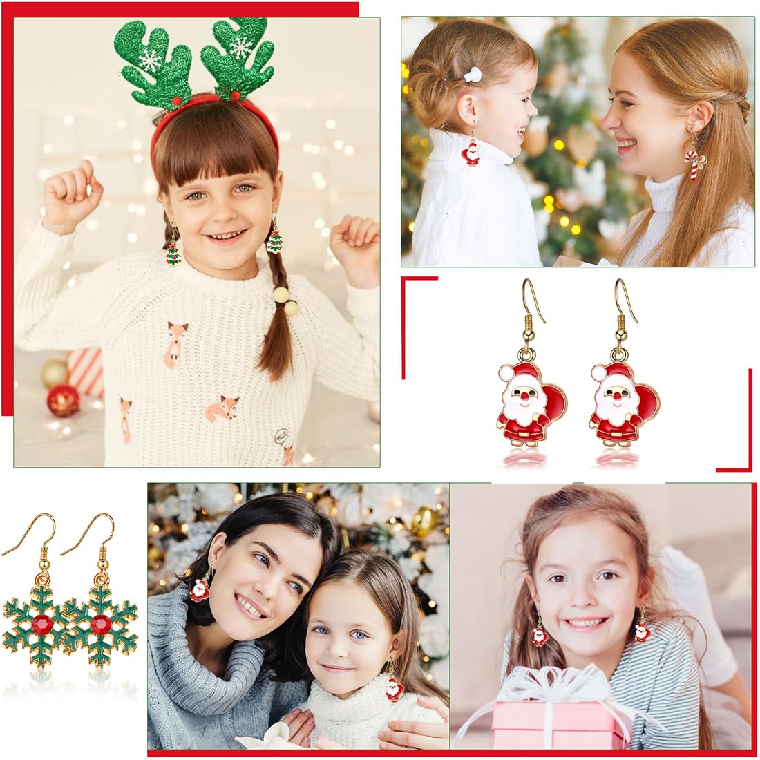 6 Paires Boucles d'Oreilles Pendantes de Goutte de Noël Stud de Noël Ensemble de Bijoux Boucles d'Oreilles de Cadeau de Noël pour Femmes Filles Enfants Bonhomme de Neige Flocon