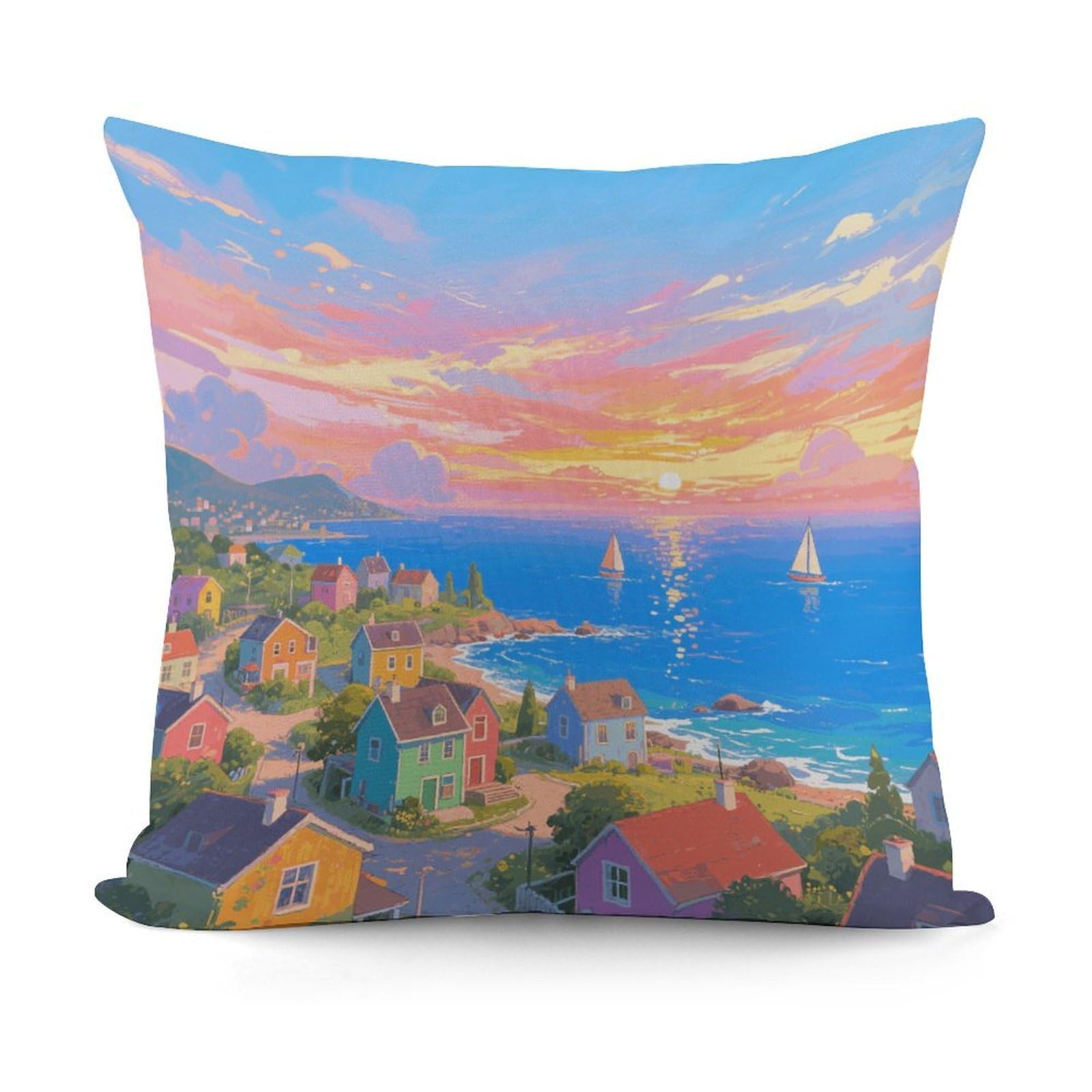VstaDank Seaside Town Pillow Cover with Invisible Zipper Square Throw Pillowcase Plush Couch Sofa Pillow Case 18x18 Inch Decorative Throw Cushion Covers for Sofa Living Pillowcover