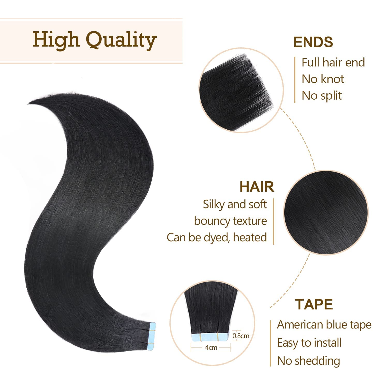 Tape in Extensions Echthaar 55 cm 20 Stück 50 g Nahtlos Dünn #1 Schwarz