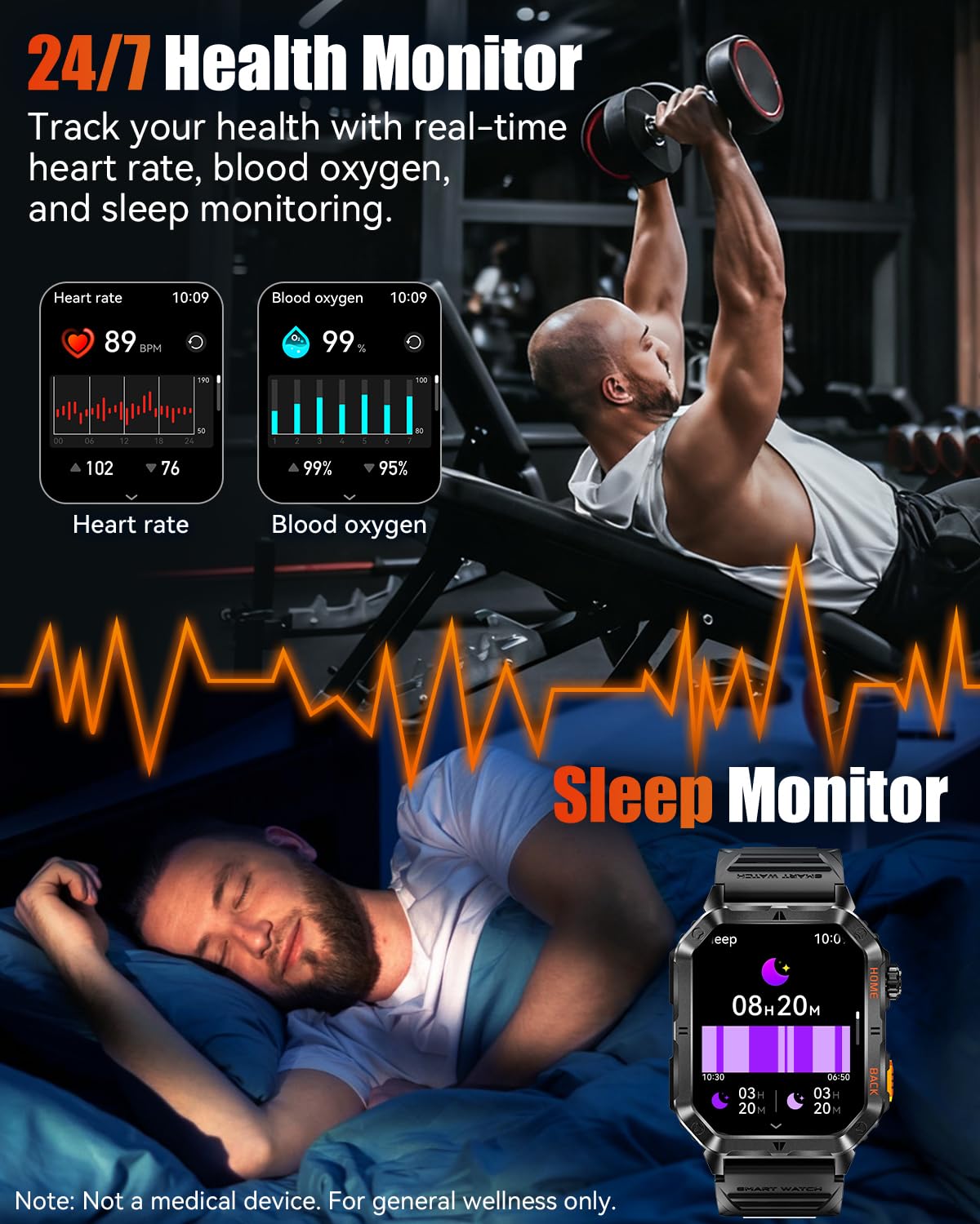 Military Smart Watch for Men, 2.01'' Fitness Tracker with 1200mAh Long Battery Life, Bluetooth Calls, Flashlight, IP68 Waterproof, Heart Rate/Sleep Tracking, 100+ Sports Modes for Android iPhone