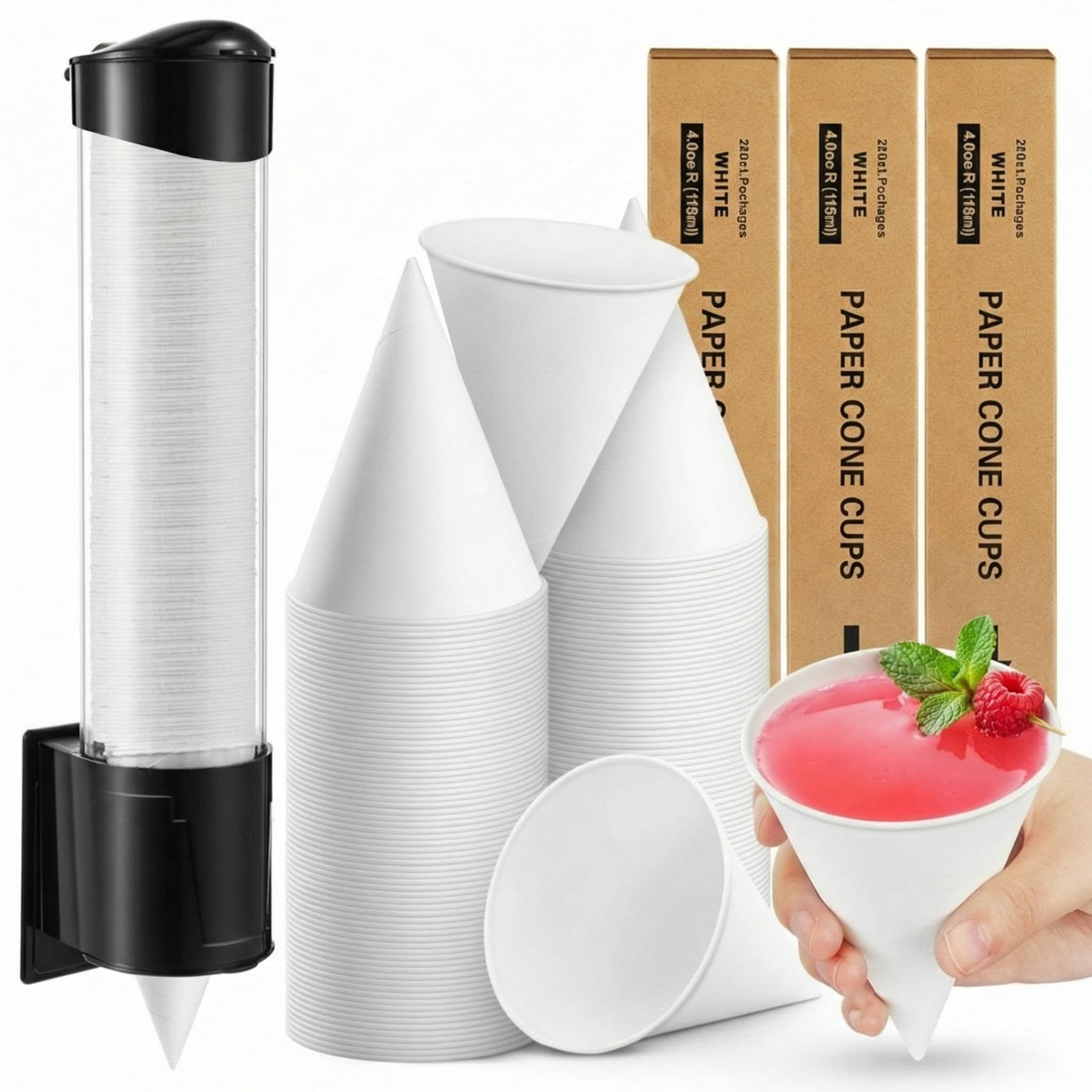 Roshtia 600 Pcs 4 oz Snow Cone Cups Paper Thicken Disposable with 1 Cups Dispenser Pull Type Wall Mount Cup Holder Paper for Restaurants, Home, and