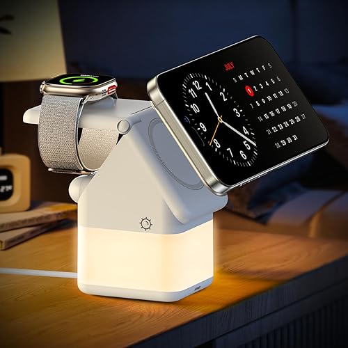 Miniatura 1 de WSKEN Cargador de estación de carga inalámbrica 3 en 1 para iPhone lámpara de luz de mesita de noche Cargador rápido MagSafe de 15 W para iPhone