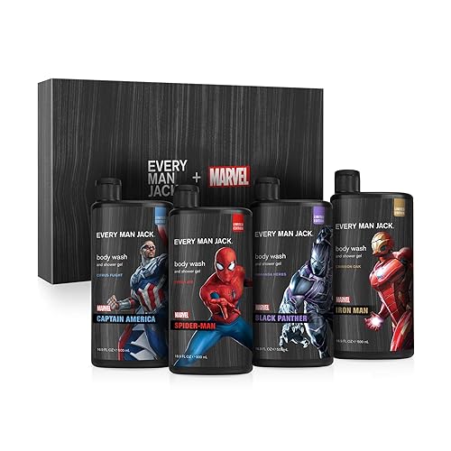 Every Man Jack Juego de regalo de gel corporal de Marvel Collectors Perfecto para todos los hombres y amantes de Marvel Incluye cuatro lavados