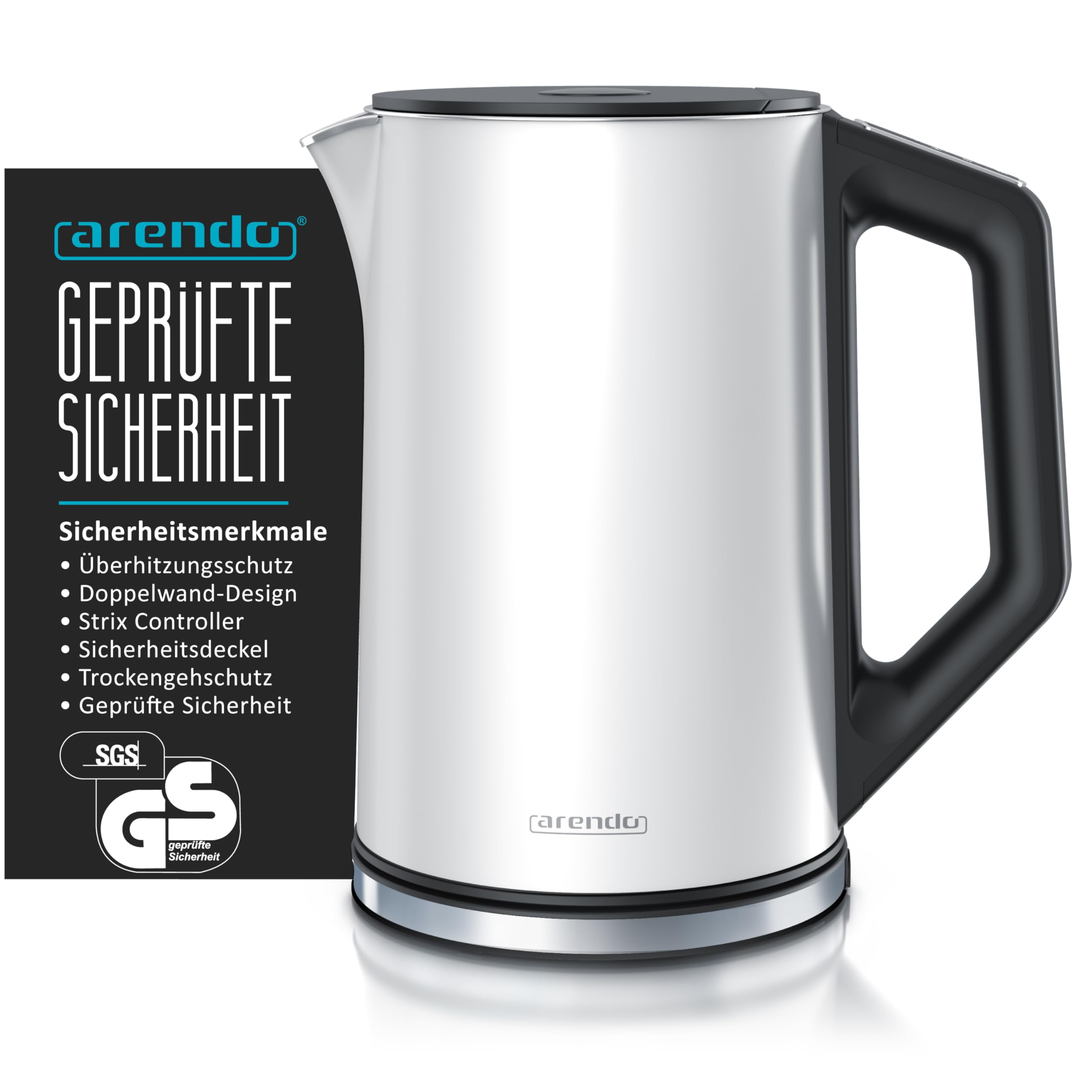 Arendo - Edelstahl Wasserkocher mit Temperatureinstellung 40-100 Grad in 5er Schritten - Doppelwand Design - Modell ELEGANT - 1,5 Liter - 2200 W - Teekocher mit Temperaturanzeige - GS - Weiß