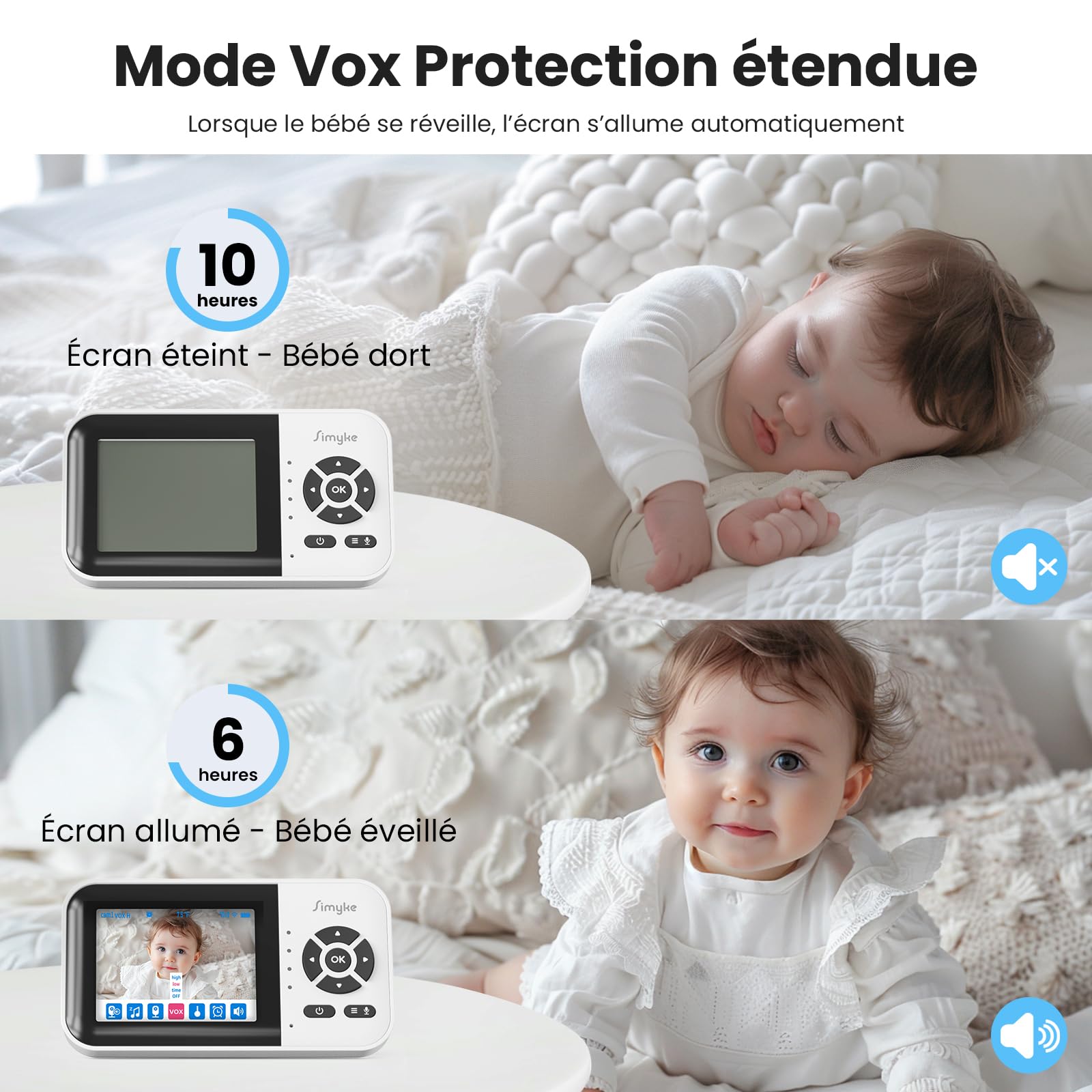 Simyke Moniteur Intelligent pour bébé, 2 caméras 1080p, Interrupteur Wi-FI Marche/arrêt, écran de 2,8" ou accès à Distance WiFi, Vision Nocturne, Longue portée de 450 m, Conversation bidirectionnelle