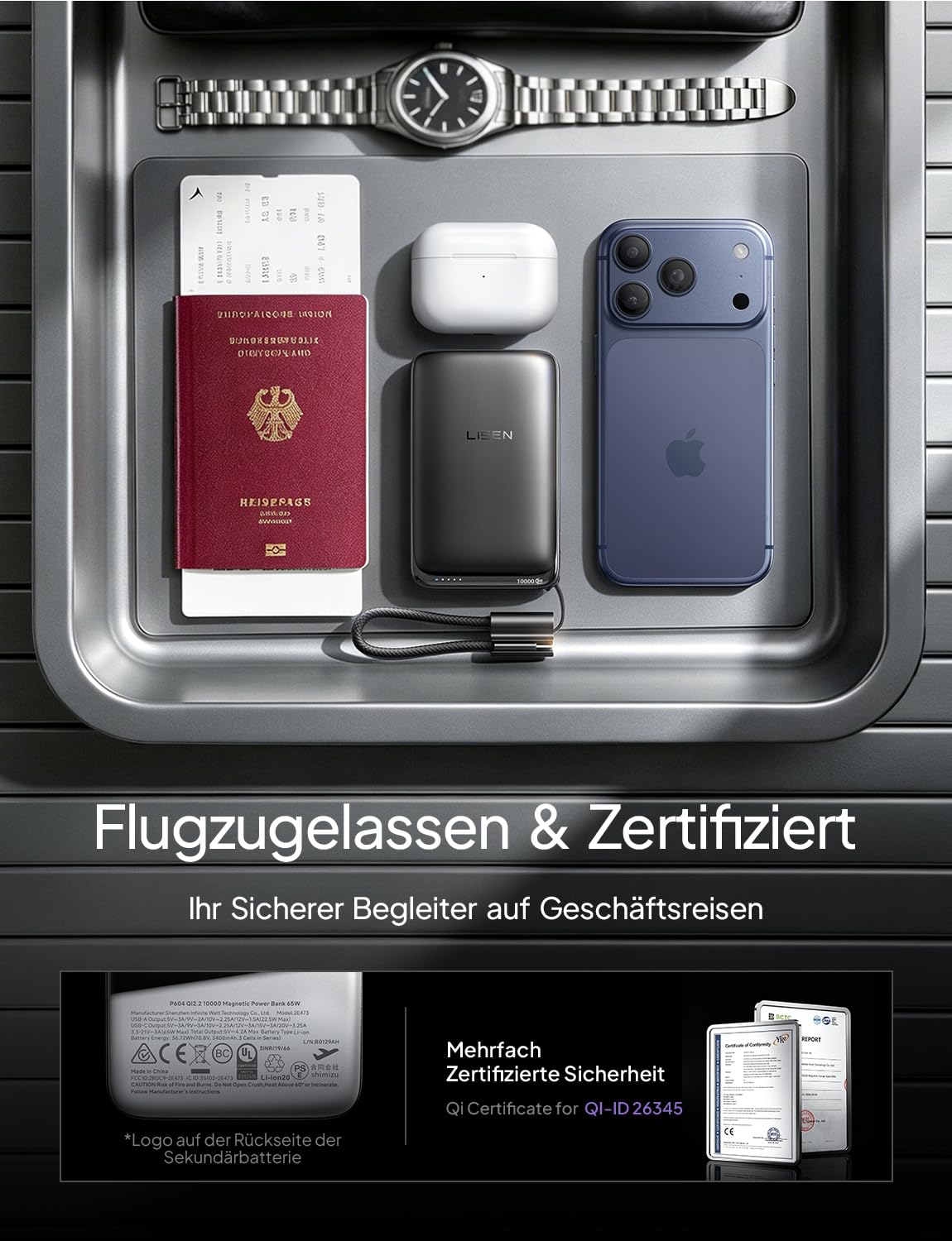 LISEN Powerbank Laptop 10000mAh 65W PD, Qi2.2 25W MagSafe, Laptop Powerbank für MacBook Air & USB-C Laptops, Flugzulassung, Zylindrische Zellen, Abnehmbares USB-C Kabel, iPhone 17 Pro Max/16/15