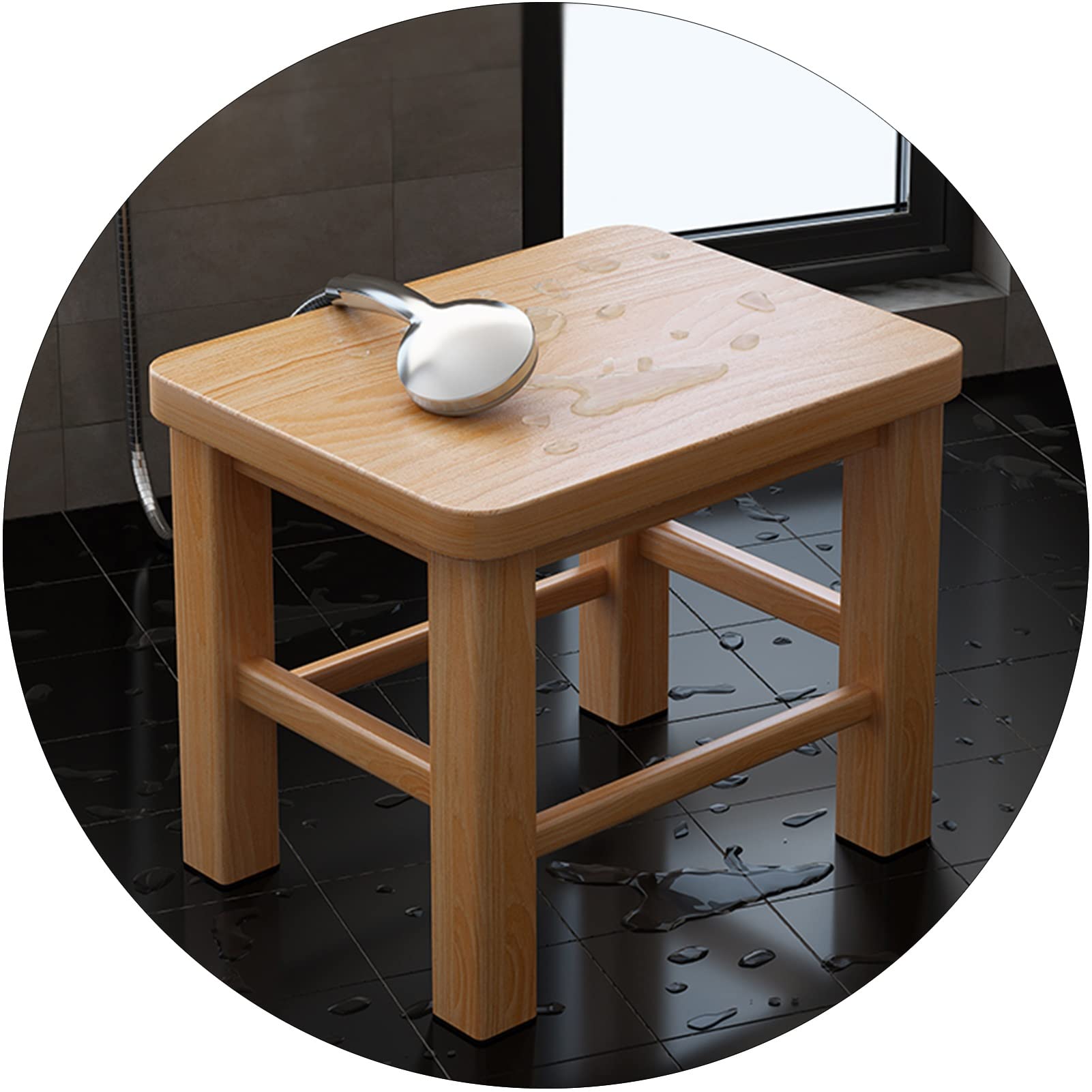 Taburete de ducha portátil – Asiento de spa pequeño para baño, reposapiés antideslizante totalmente montado, asiento de baño de madera maciza, color natural, tamaño compacto 330 x 250 x 450 mm