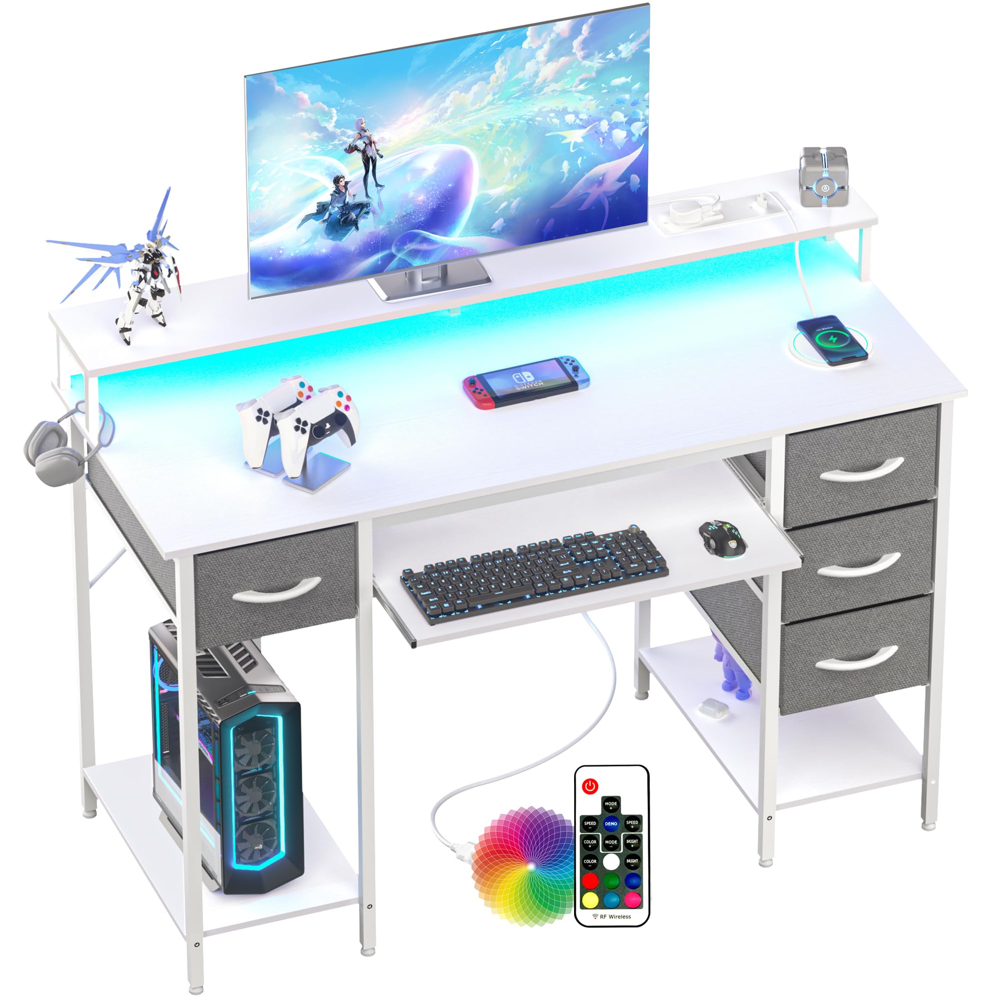 BEXEVUE Escritorio Moderno LED con Regleta Enchufes - 120x50 cm Mesa Gaming Ordenador con Bandeja para Teclado, 4 Cajones Reversibles, Grande Soporte Monitor para Estudiar Jugar Trabajar Dormitorio