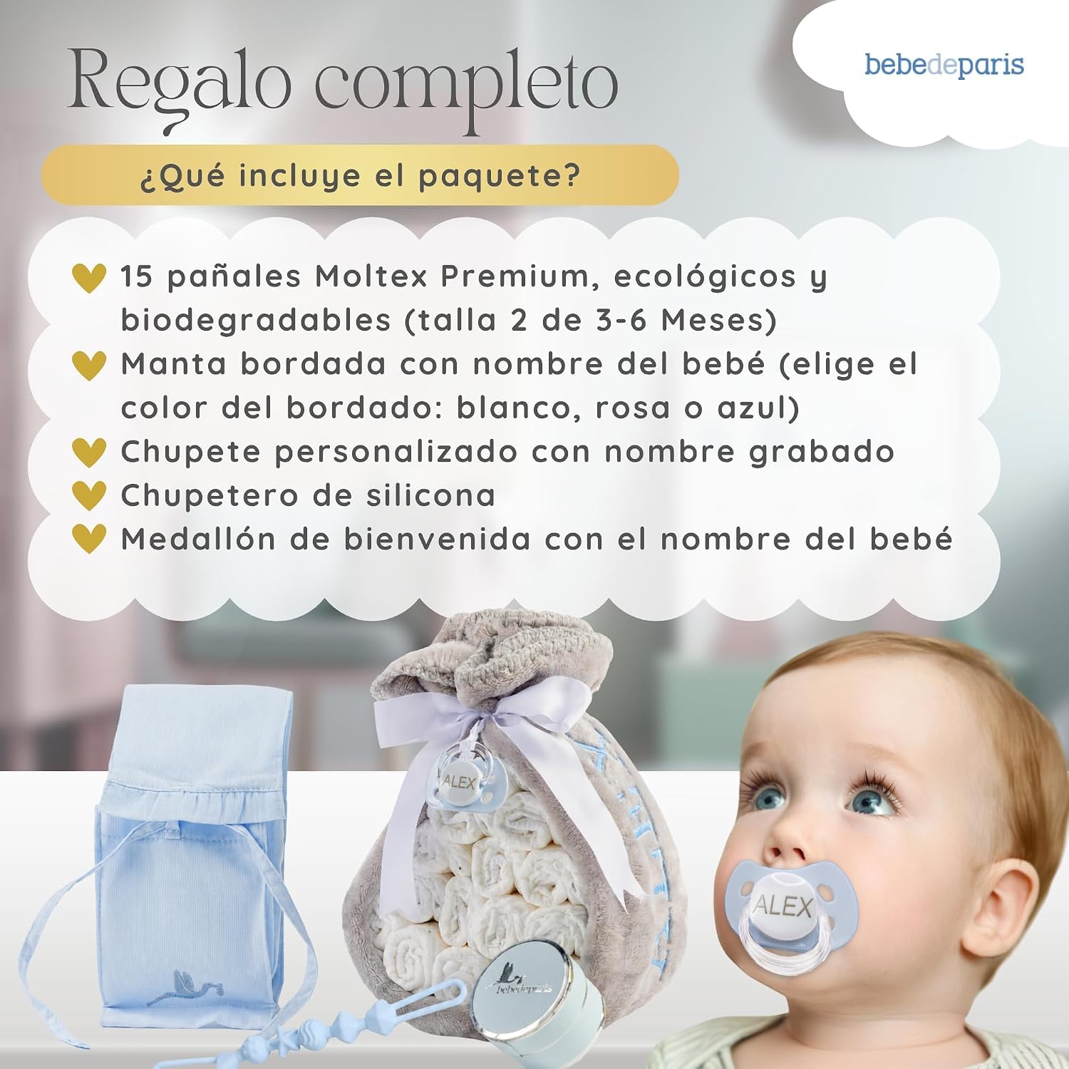 Gâteau à couches avec couche | Couverture polaire et tétine personnalisée + tétine en silicone + 15 couches Moltex | Cadeau pour nouveau-né Baby Shower Naissance (bleu) BebeDeParis