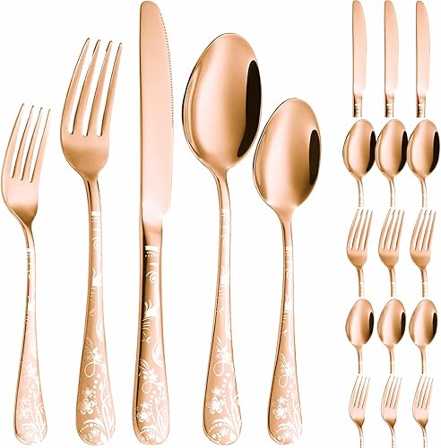 Miniatura 8 de Vilihkc Juego de cubiertos con diseño único de 20 piezas, juego de cubiertos de acero inoxidable para 4, juego de cubiertos plateados, juego de