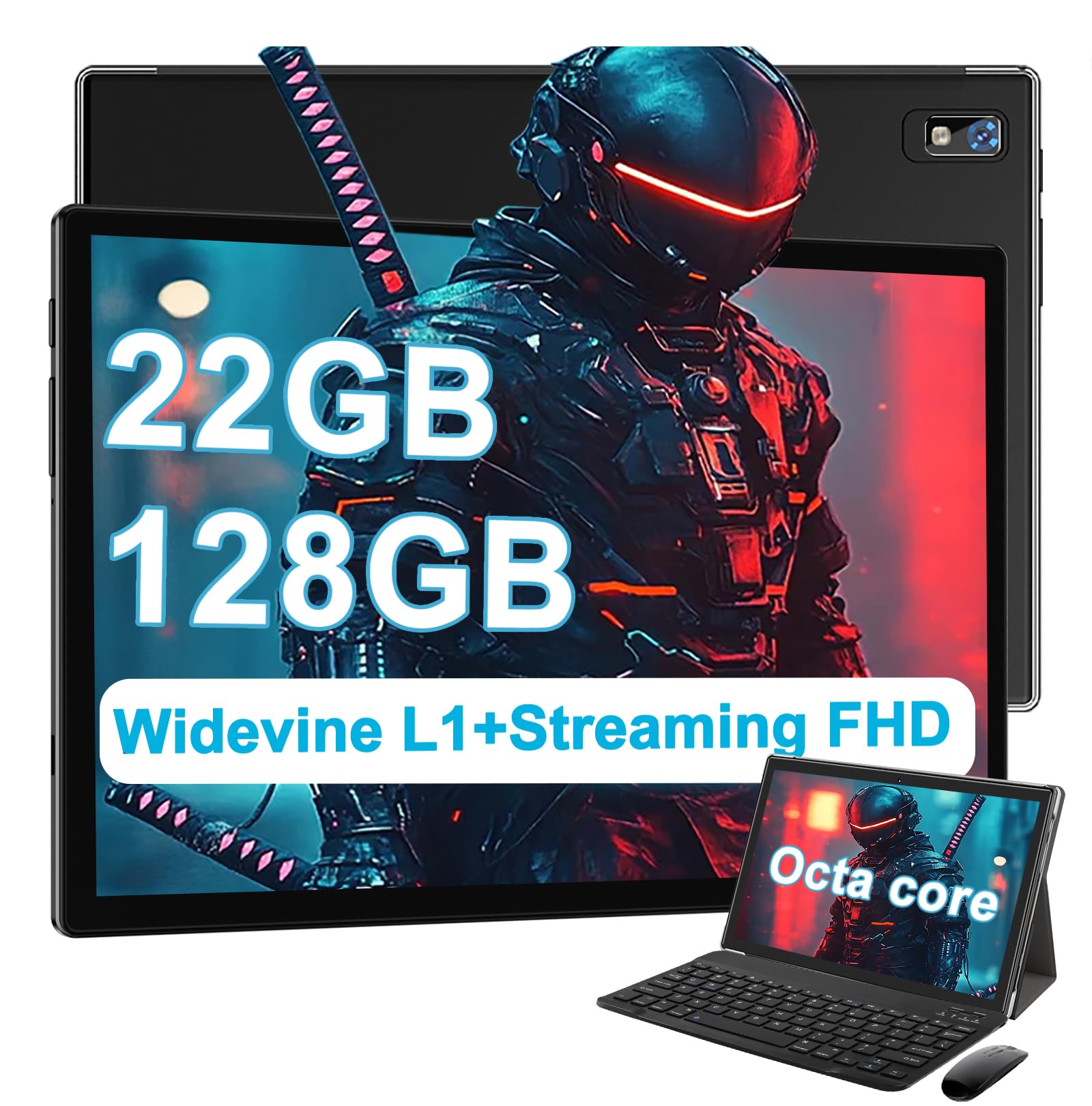 2026 Tablet 10 Inch Tablets PC with 22GB RAM 128GB ROM 1TB Expand, Octa-Core Android 14 Tablet with Keyboard Mouse, 8000mAh Battery, HD IPS Display, GPS, Widevine L1, Split Screen, Metal Body -Black