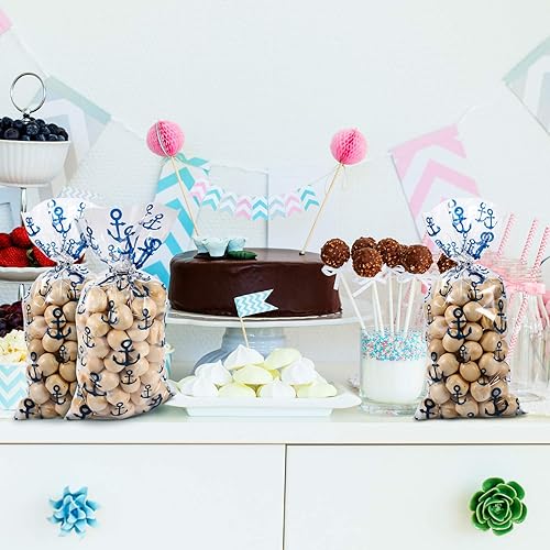 Miniatura 6 de 100 bolsas náuticas para fiestas de anclajes náuticos de celofán con 100 lazos de regalo para decoración náutica de playa (azul, rojo) (azul)