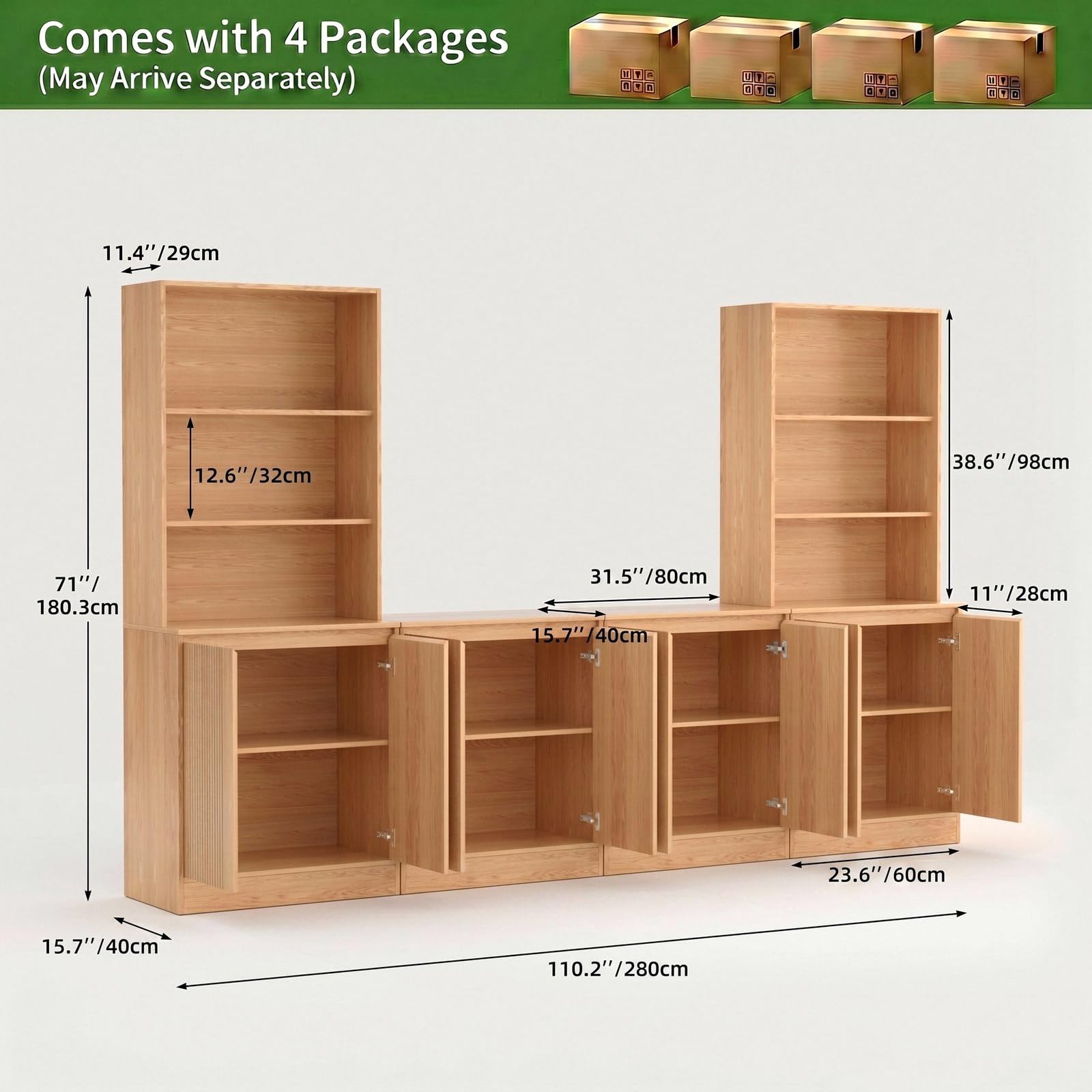 VOWNER TV-Schrank mit Bücherregal, 240cm B Großer Fernsehschrank, TV-Board Set für TV bis 50 Zoll, Wohnwand mit Arbeitsplatte für Wohnzimmer & Esszimmer, Holzfarbe (4PCS)