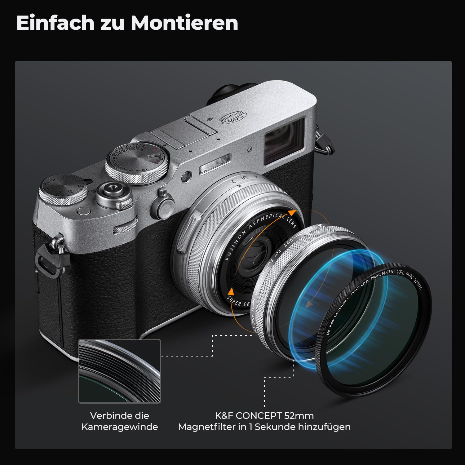 K&F CONCEPT UV Filter Kompatibel mit Fujifilm Kamera X100-Serie,Schutzfilter Kompatibel mit Fujifilm Kamera X100/X100F/X100S/X100T/X100V/X100VI-Silber