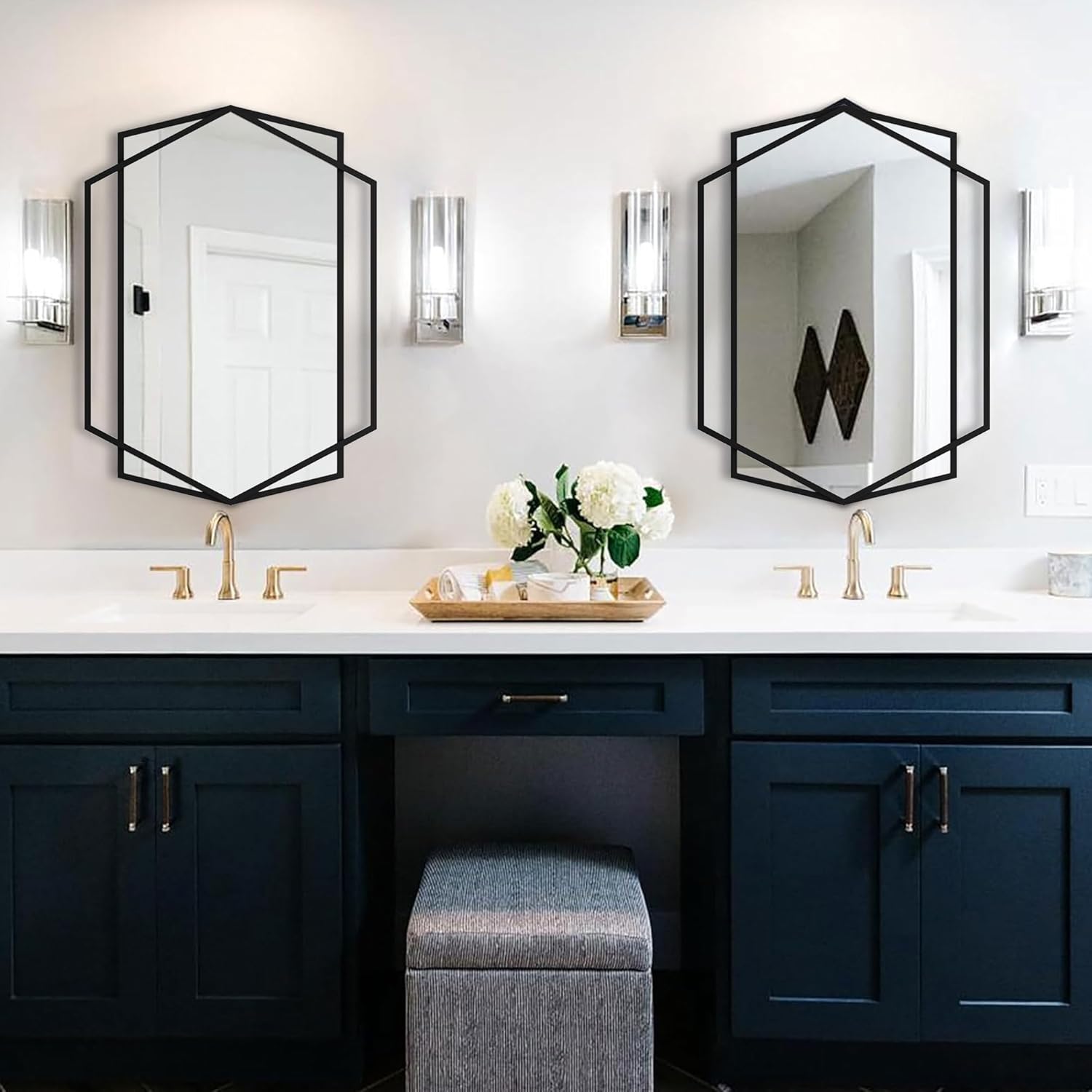 36''X26'' Hexagon Mirror Black Metal Framed Geometric Wall Mounted Bathroom for Over Sink, Hexagon and Rectangular Mirror Vertical or Horizontal Hanging for Entryway, Living Room