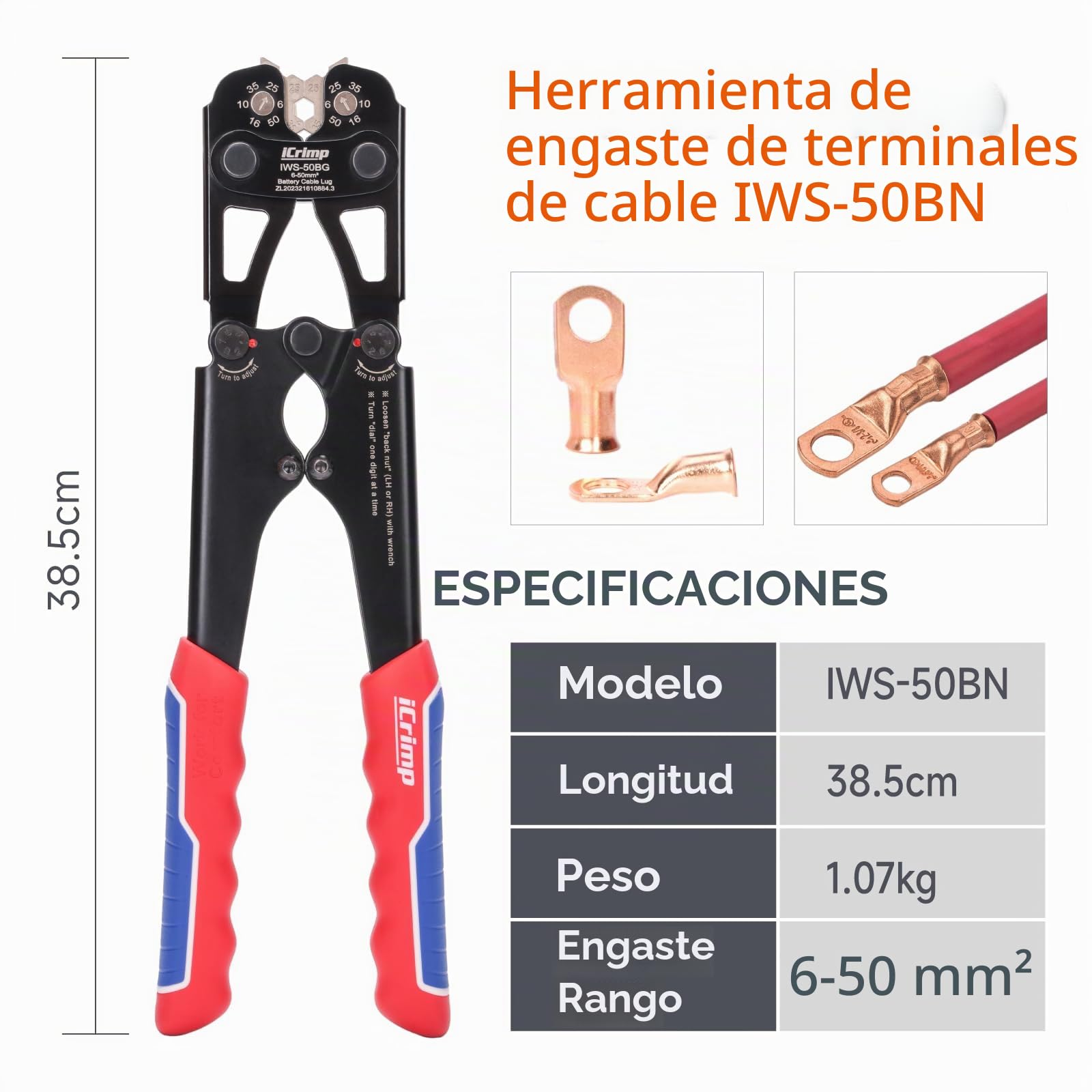 iCrimp Alicates crimpadores de terminales de cable para terminales de cobre resistentes y conectores planos, alicates de engarce con mandíbulas intercambiables con una sola mano para 6-50 mm².