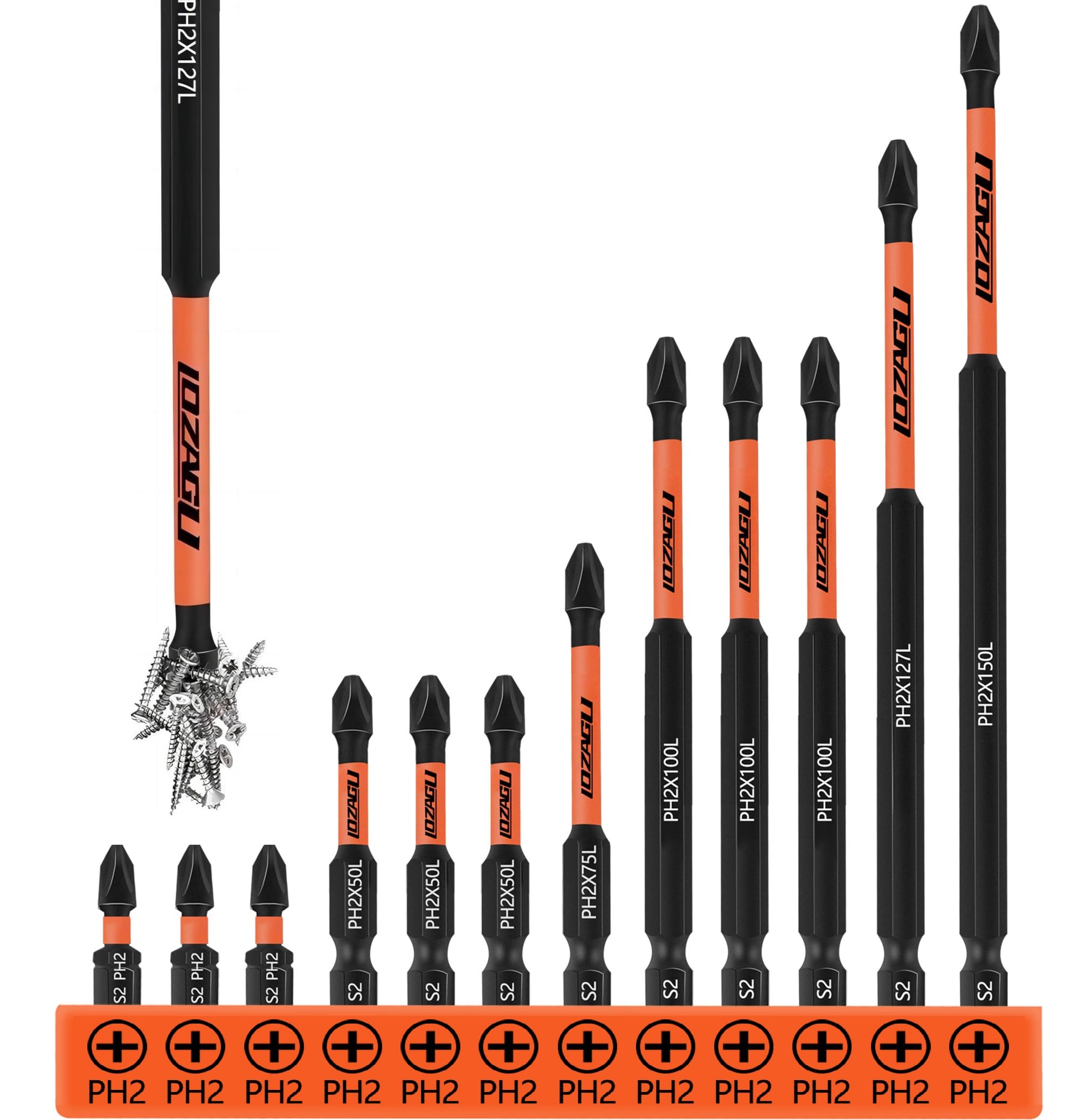 12-Piece Phillips Bits #2 Impact Magnetic, S2 Steel, 1 2 3 5 4 6 Inch Long 2 Phillips Bits Set, 1/4 Hex Shank Phillips Head Drill Bits, LOZ-PH12
