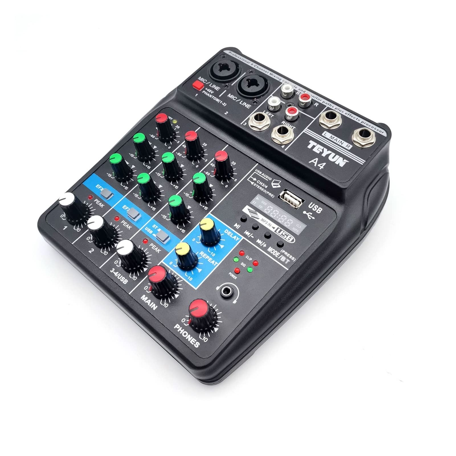Attrezzatura per DJ per Feste A4 Bluetooth Console di miscelazione del Suono USB Registra Computer 48V Phantom Power Delay RepAeat Effect 4 Canali USB Mixer Audio(E-U)