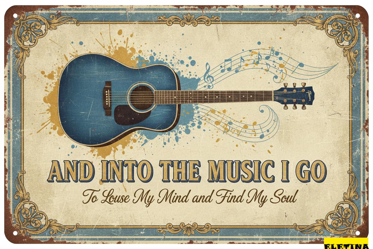 Colorful Blue Guitar Tin Sign, 8x12 Inch Music Decor