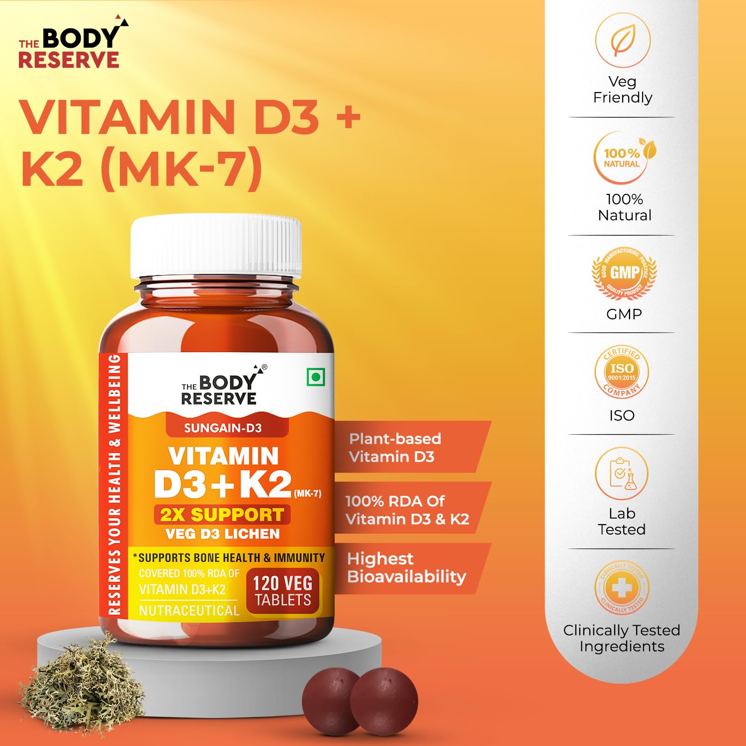 The Body Reserve Vitamin D3 K2 MK7-120 Veg Tablets, 100% RDA Plant-Based Vitamin D3 Supplement from Lichen Source with Vitamin K2 as MK7 Menaquinone 1