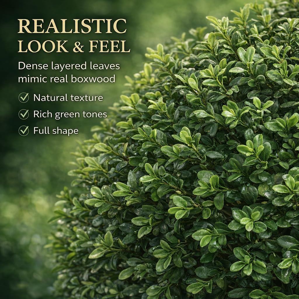 Real Touch Leaves Artificial Topiary Trees, 24" T with 17" W Faux Boxwood, Set of 2 UV Resistant Plants, Decorative Indoor Outdoor Trees with 6"x5" Pots for Home, Office, and Garden Decor