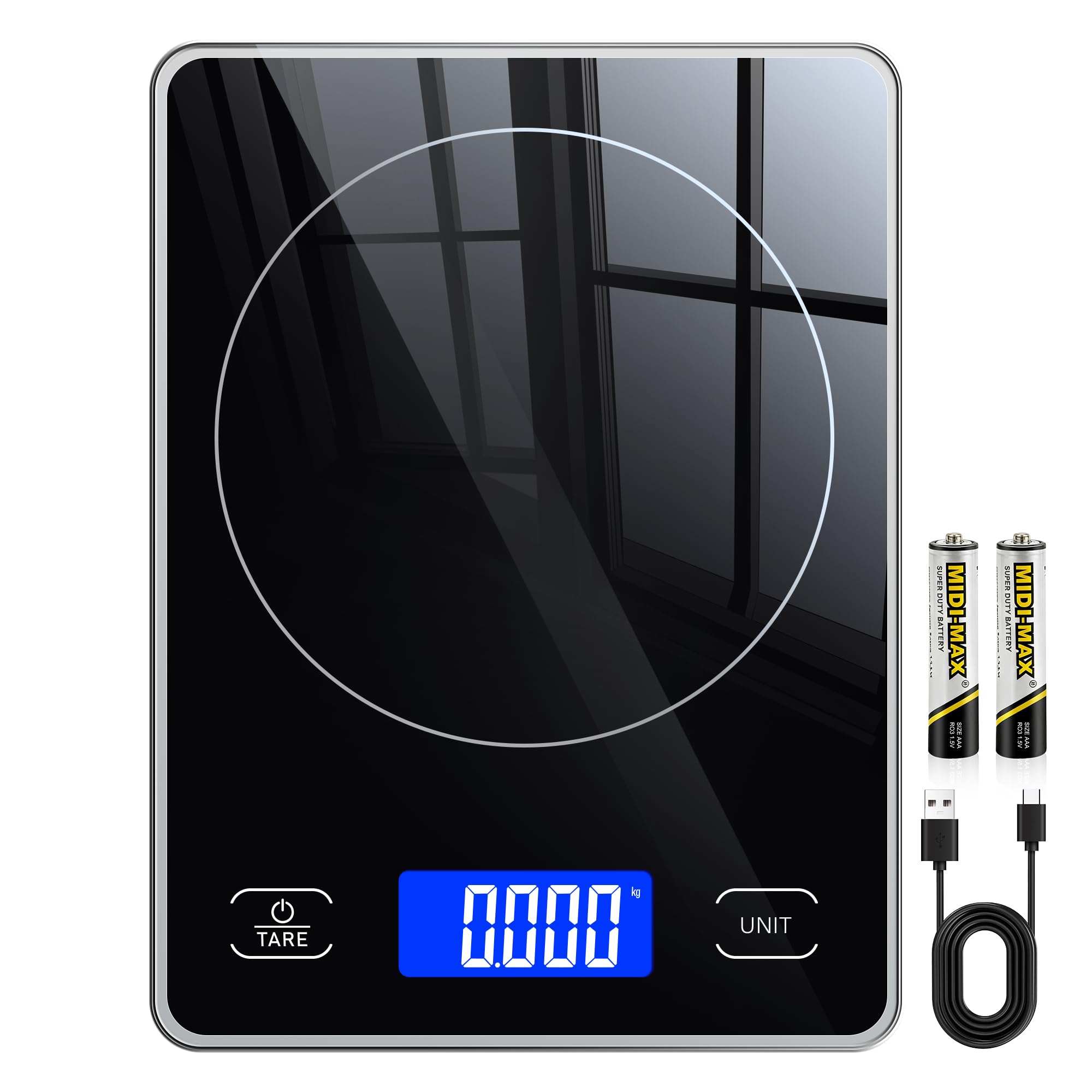 Küchenwaage Digital mit 15 kg Tragkraft, 5 Einheiten in g/ml/fl'oz, Präzise Waage Küche mit Großem Display, Dual Power (USB-C/Batterie), 1g Hochpräzise, Tara, Sicherheitsglas für Backen, Kochen