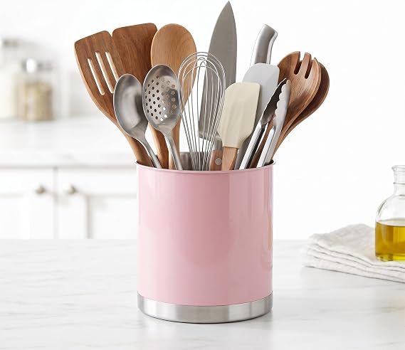Creative Home Stainless Steel Utensil Crock with Anti-Tip Weighted Base, 7 Diam. x 7 H Inch, Pink