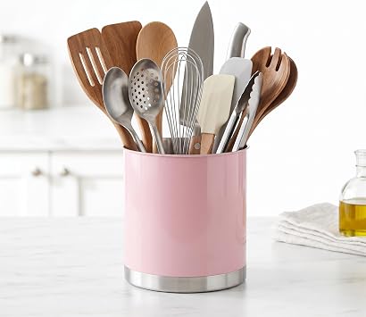Creative Home Stainless Steel Utensil Crock with Anti-Tip Weighted Base, 7 Diam. x 7 H Inch, Pink