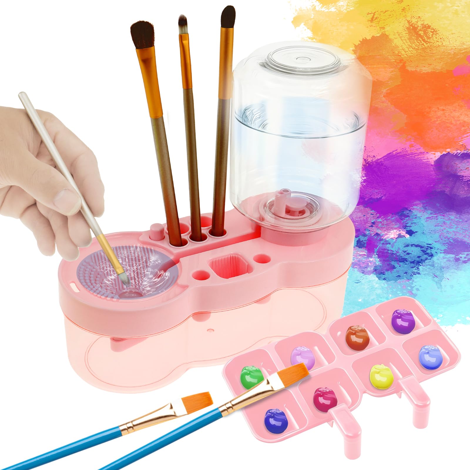 Paint Brush Rinser, Multifunctional Paint Brush Cleaner Art Supplies, Painting Water Dispenser Water Cycle Rinser, Tool for Acrylic, Watercolor, and Water-Based Paints (Pink)