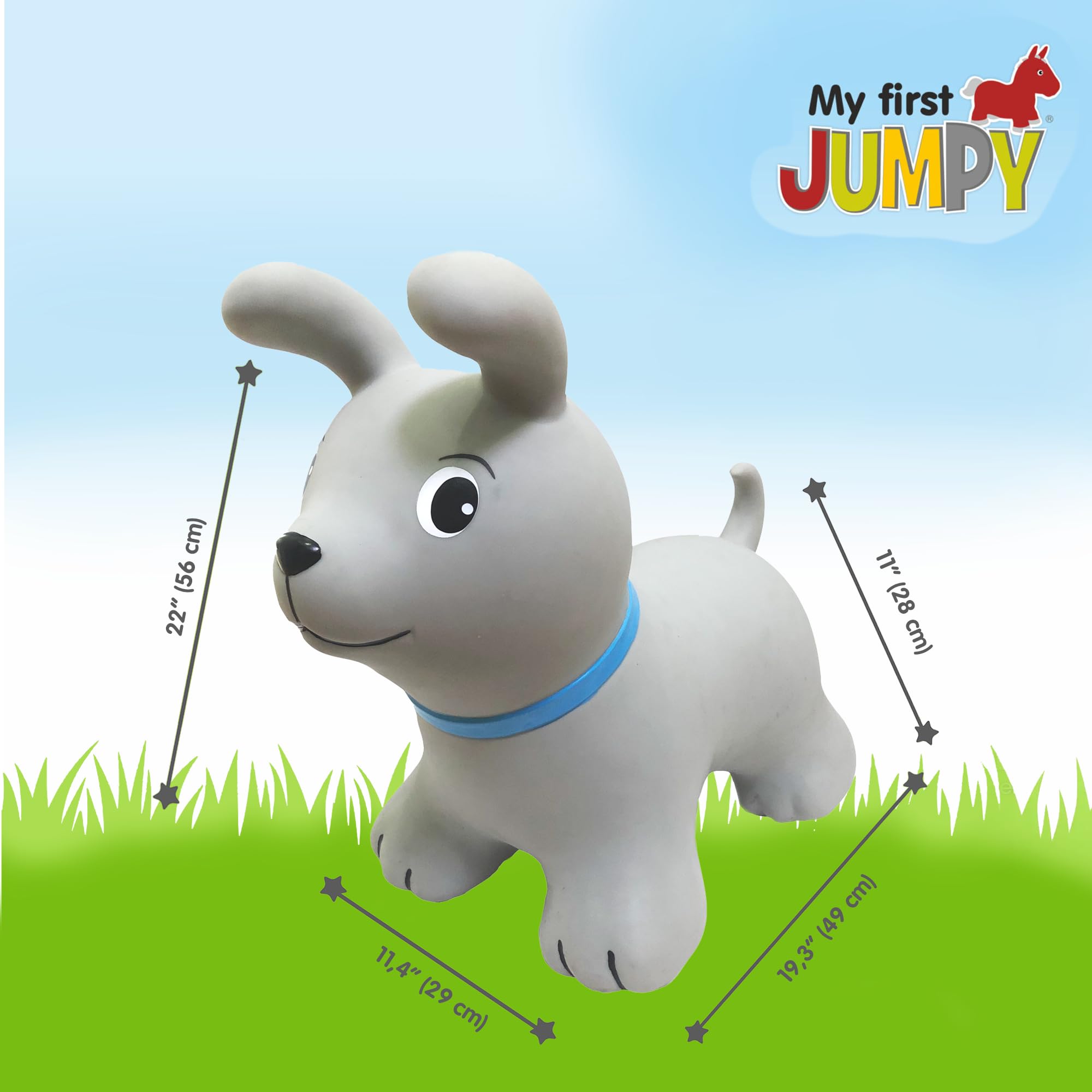 GERARDO'S Toys My First Jumpy Zabawka do Skakania, Szary Pies do Użytku Wewnątrz i na Zewnątrz, dla Dzieci, Nośność 100 kg, Wysoka Jakość, z Pompką
