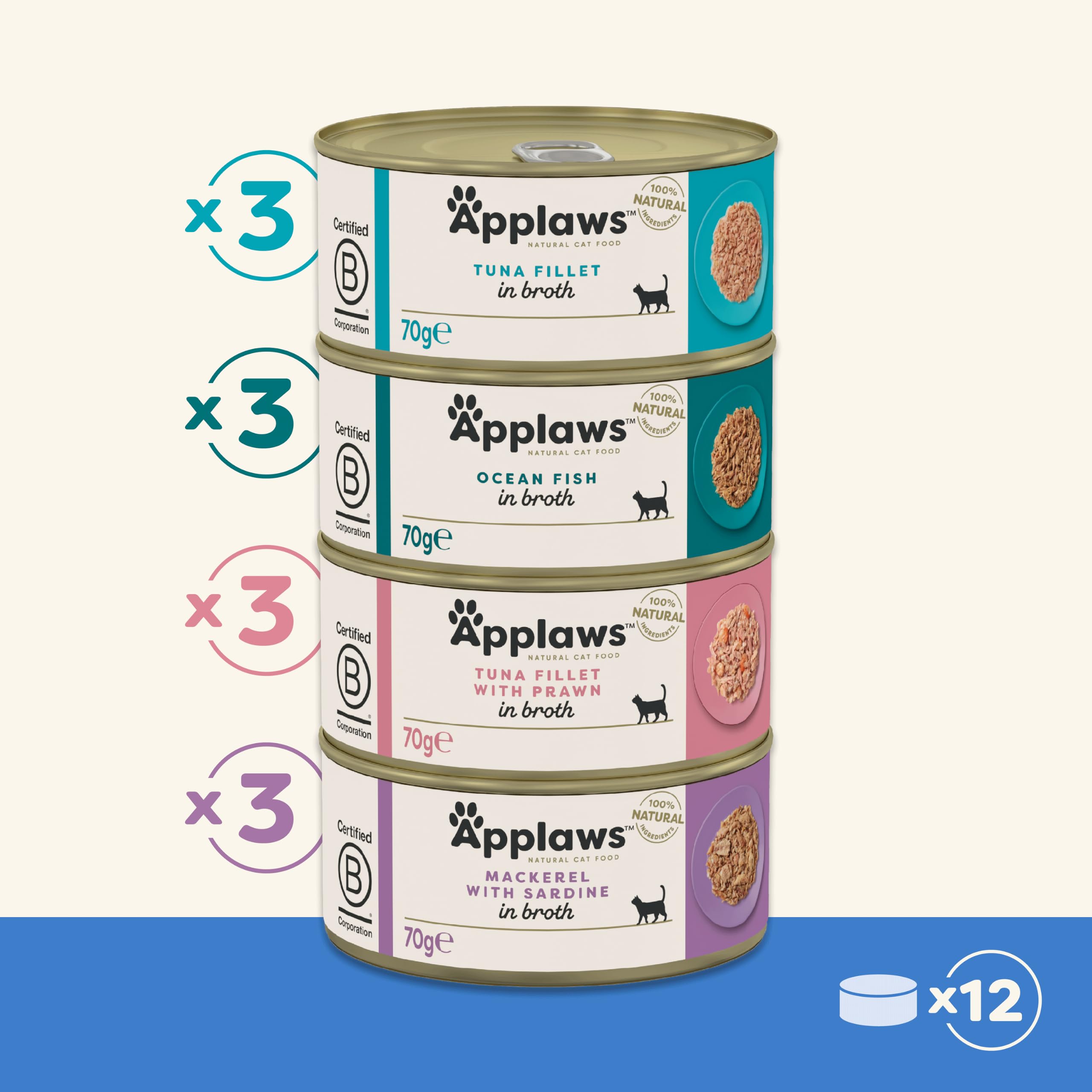 Applaws Natural Wet Cat Food, Multipack Fish Selection in Broth 70 g Tin (Pack of 12)