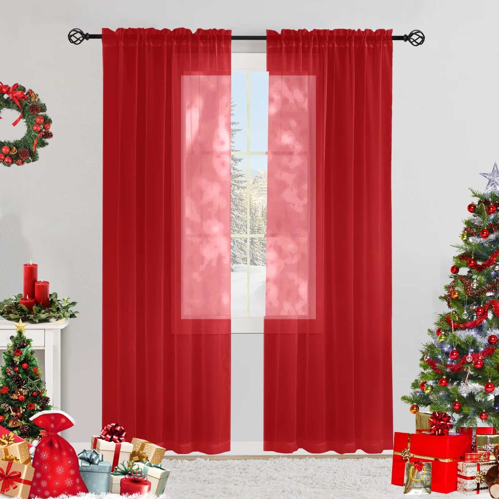 Semi Voile Sheer Curtains 84 Inches Long 2 Panels Rod Pocket Window Treatment for Living Room Bedroom Dining Room(Christmas Red 42" W x 84" L)