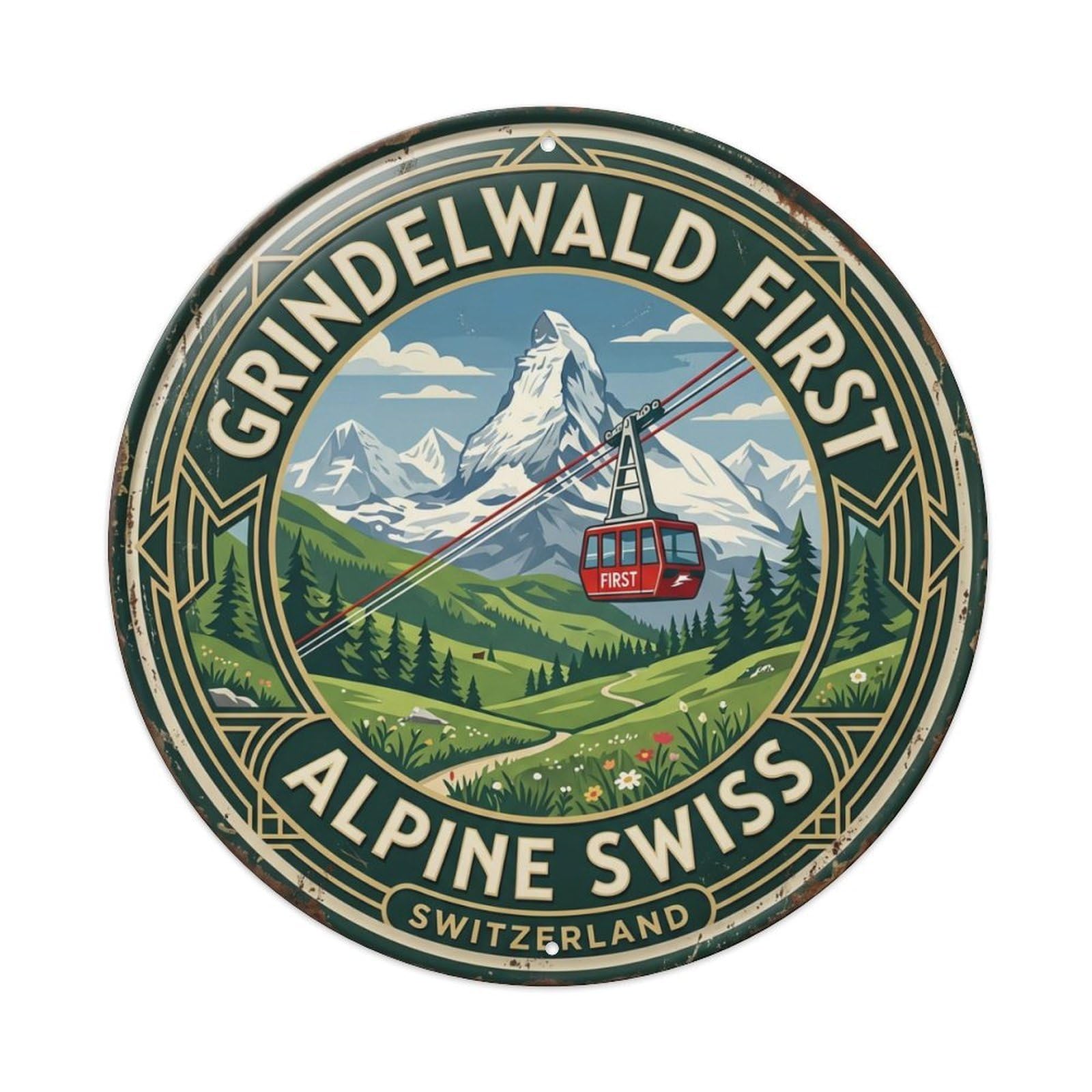 Grindelwald First Alpine Switzerland Peak Metal Tin Sign Plaque Wall Decor for Cafe, Club Bar, Office, Home Garden Round Metal Poster 8x8Inch