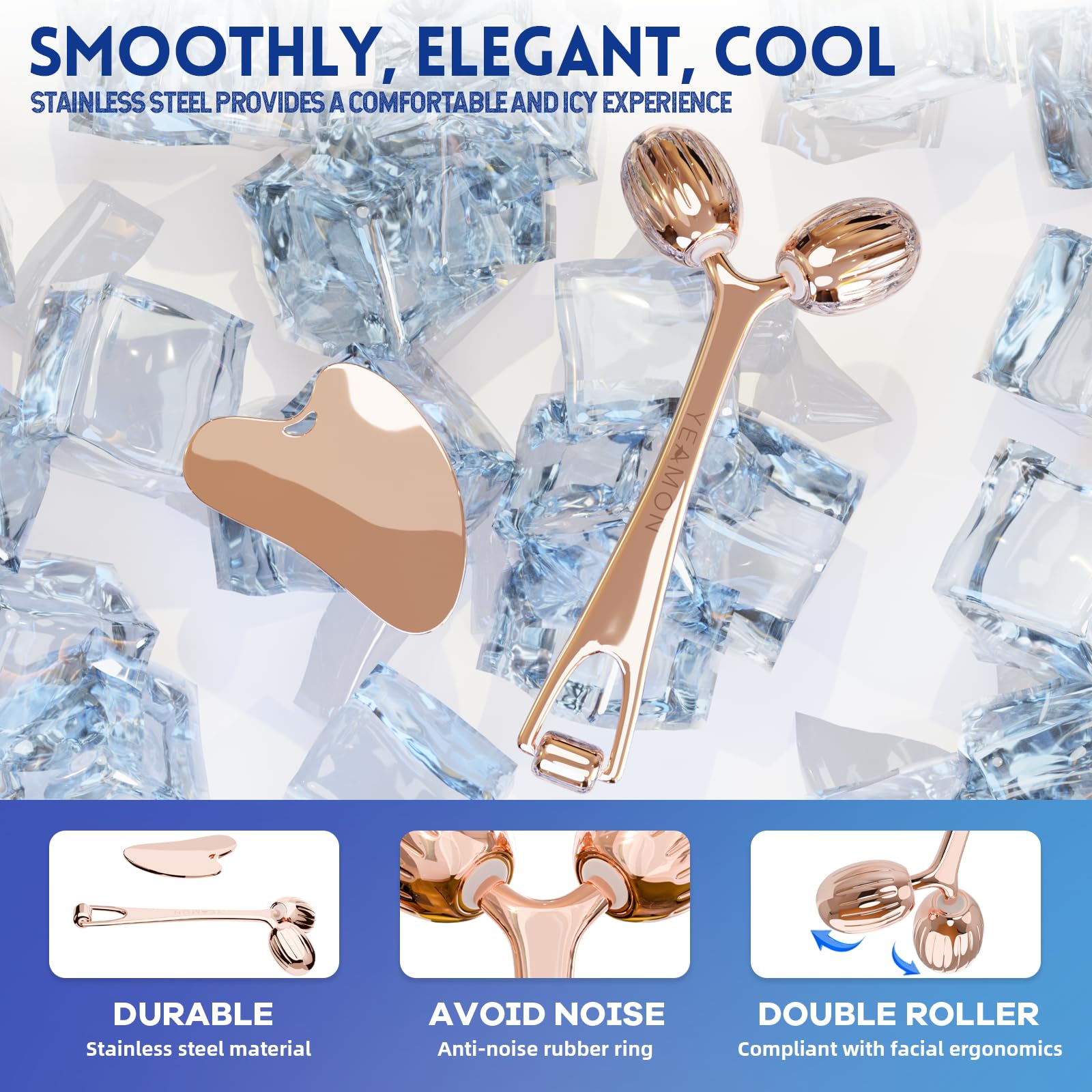 Yeamon Gua Sha - Juego de herramientas faciales y rodillo facial, herramienta de masaje facial para rutina de cuidado de la piel de las mujeres, rodillo de acero inoxidable refrescante para esculpir