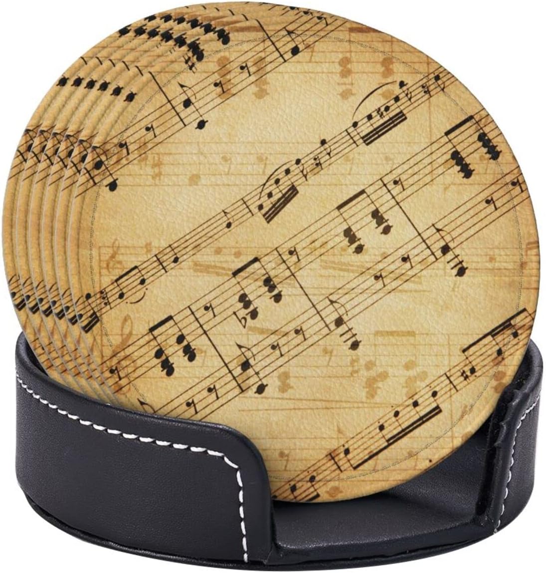 6 Pcs Leather Coasters for Drinks with Holder Retro Music Scores Coaster Sets Drink Table Cup Coasters for Kitchen Coffee Decor - Image 2