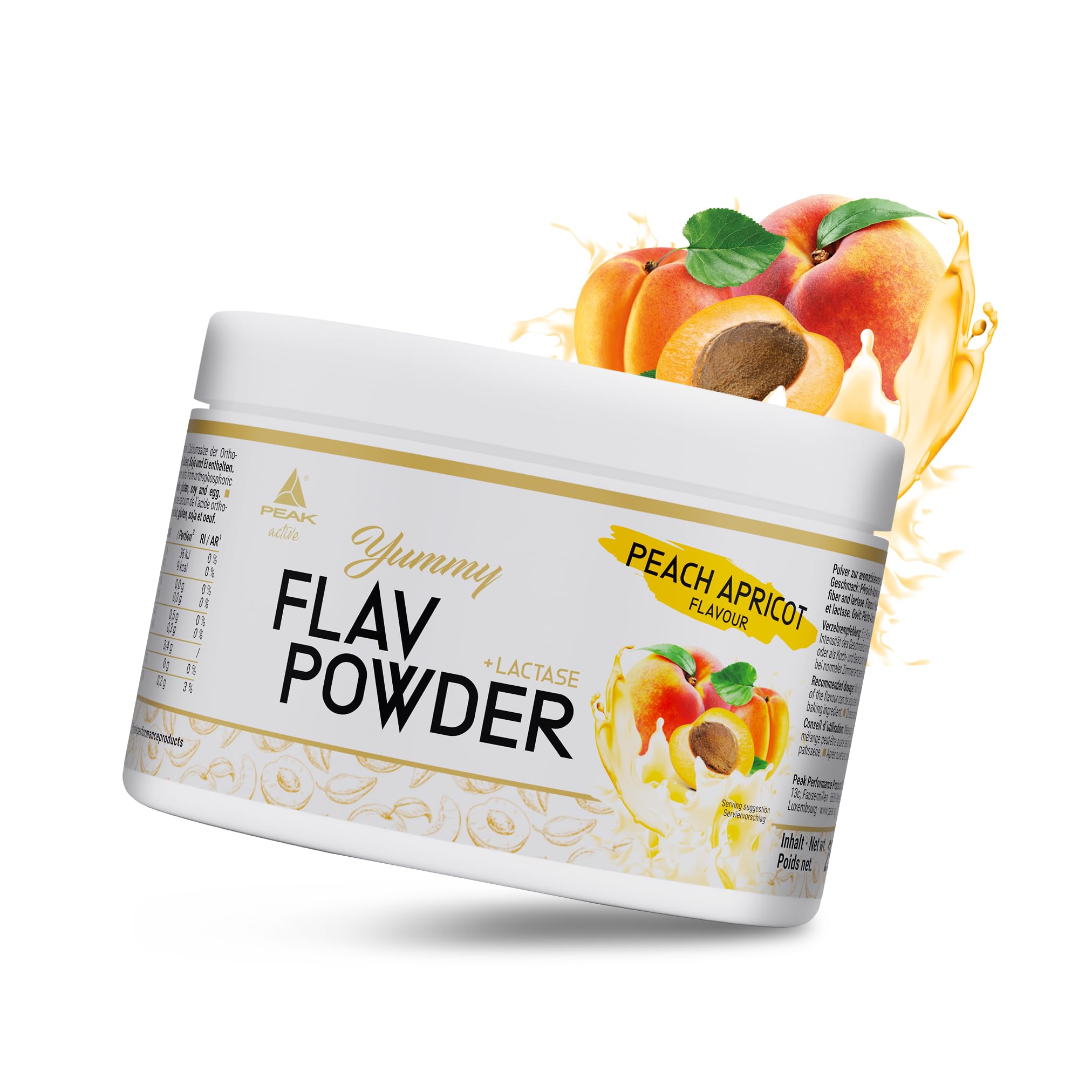 PEAK Yummy Flav Powder - 250g Geschmack Peach Apricot I 50 Portionen I Geschmackspulver zum Süßen fast ohne Kalorien und ohne Zuckerzusatz I mit Inulin und dem Verdauungsenzym Laktase I vegan