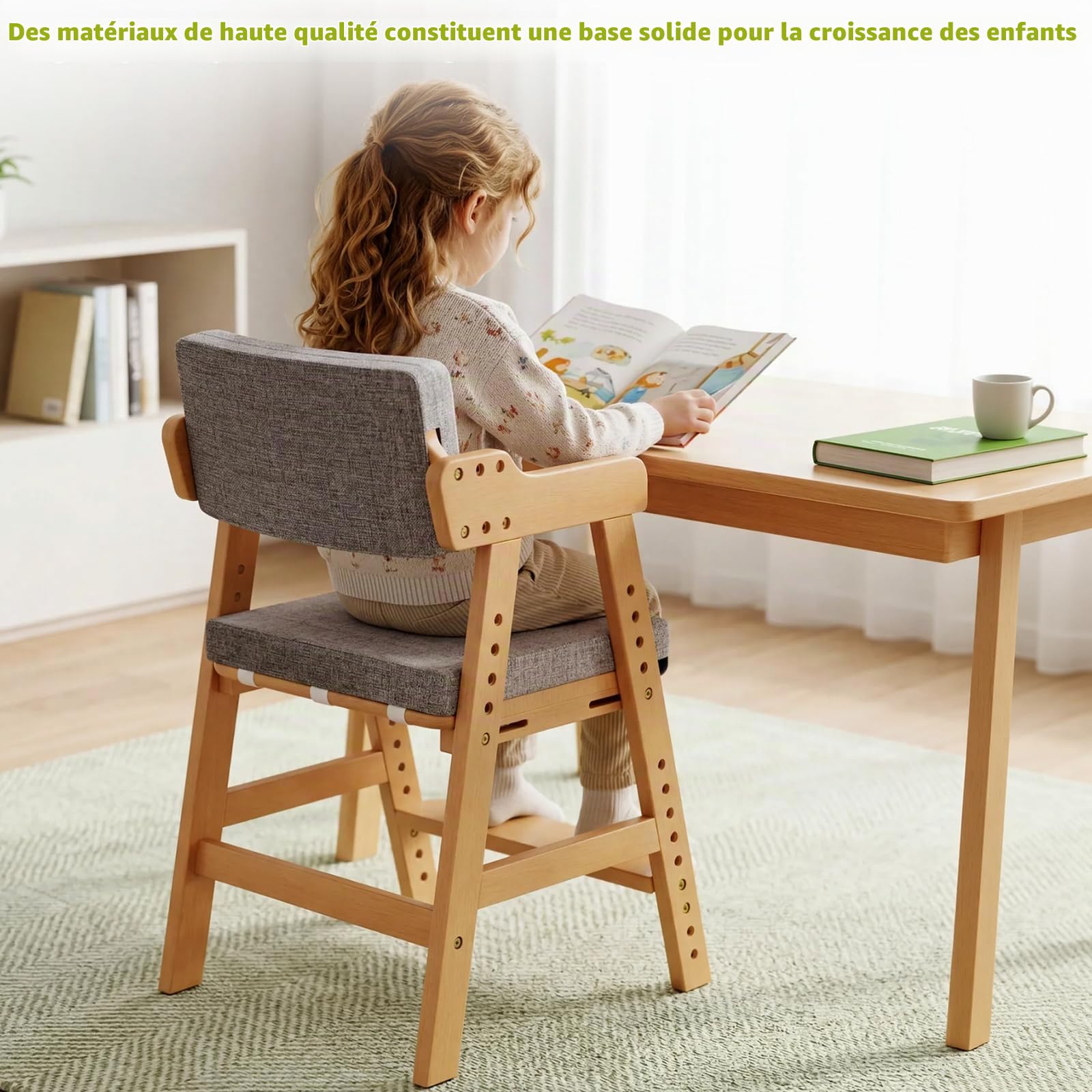 MAMIZO Chaise Enfant en Bois de Hêtre avec Coussin Confortable, Support 120 kg, Chaise Bureau Enfant pour Enfants dès 3 Ans et Plus, Idéale Salle à Manger, Chambre, Salon, Couleur Bois Naturel