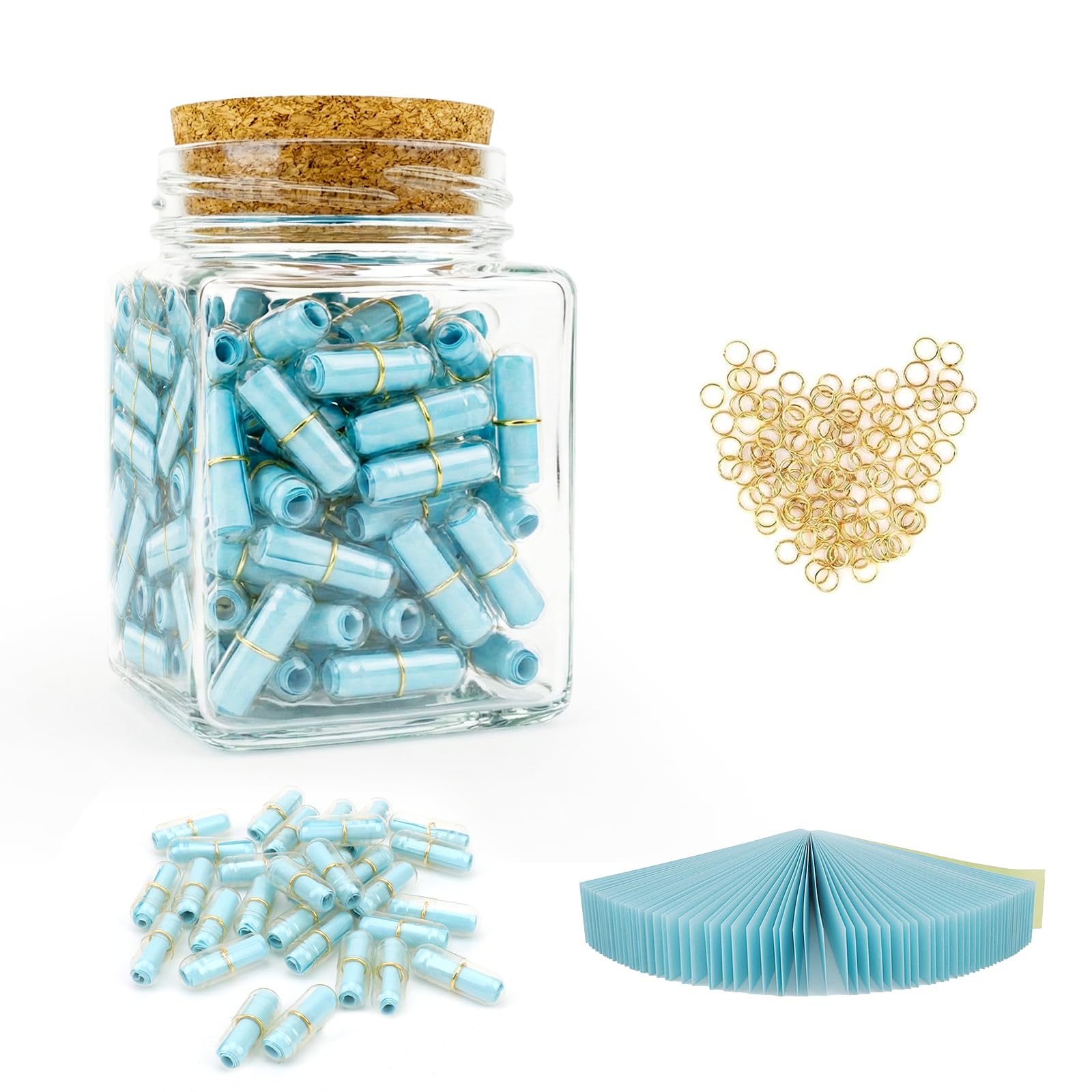 Prmape Pack of 101 Letter Capsule with Desired Bottle, Blue Transparent Message Capsule with Rolled Love Letters, Smile Face Capsule Message for Family/Boyfriend/Girlfriend