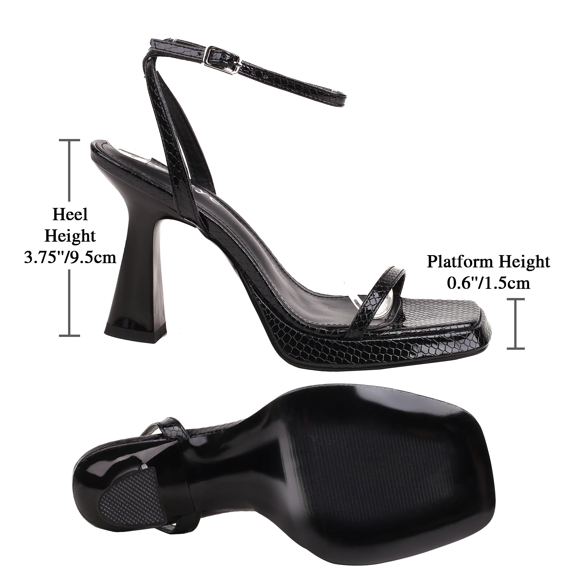 Reitoye Strappy Heels for Women Platform High Chunky Heels Square Open Toe Heeled Sandals Ankle Strap Block Heels: 6 Black Snakeskin