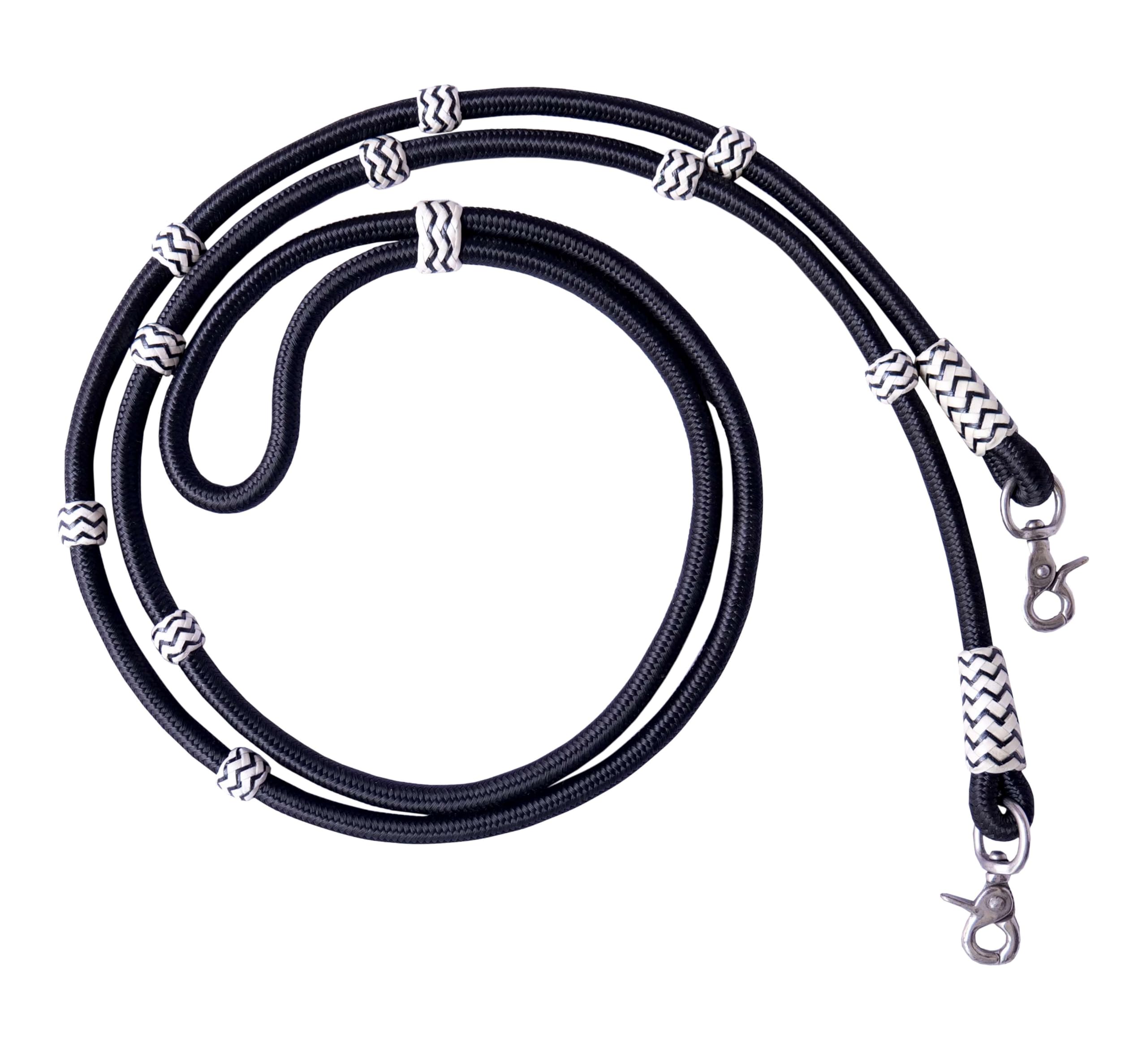 WeavingCraft Hand-Braided Roping Reins with White Colored Knots: Premium Black Nylon- Raw Hide Leather Horse Tack - Expertly Crafted Reins-8.5 Ft