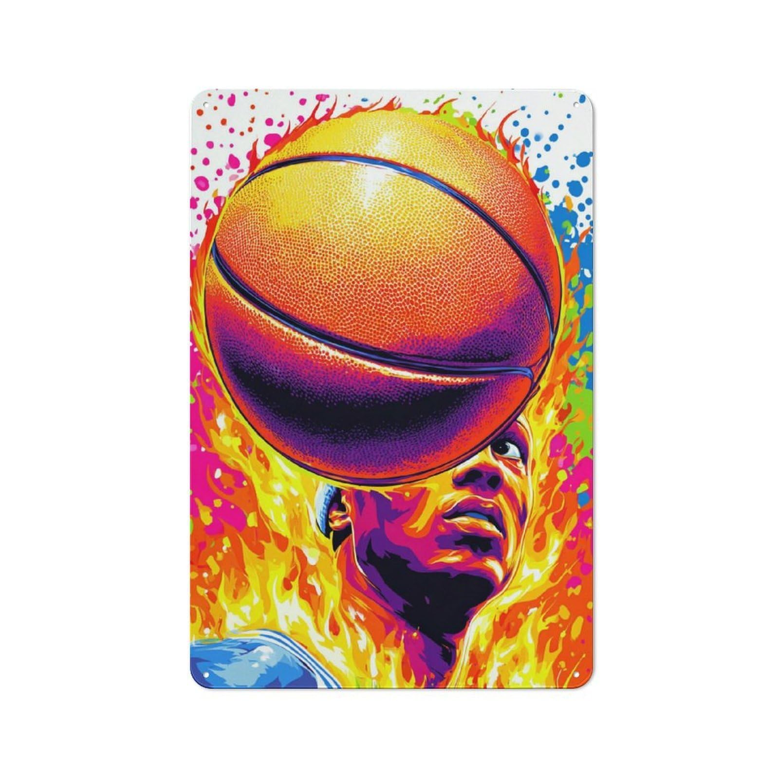 Junmoney Flaming Basketball Artwork Vintage Tin Wall Plaque 30X20cm For Studio Or Craft Room, For Garage, Workshop And Man Cave Decoration
