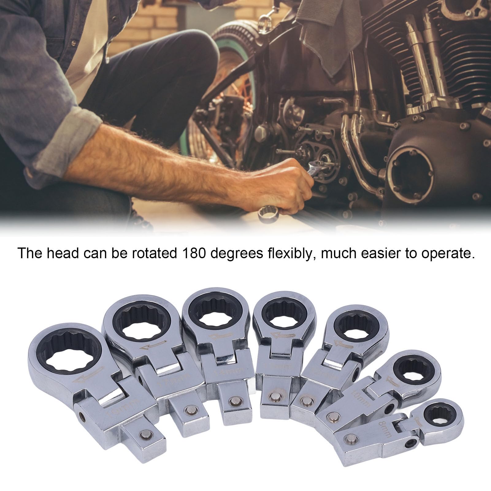 lvifloae 8Pcs Flexible Ratchet Wrench 180° Flex Head Alloy Steel Tool Set Kit for Tubing Maintenance Flexible Ratcheting Open End Wrench Set for Maintenance Replaceable Ratcheting Line Wrench Set - Image 2