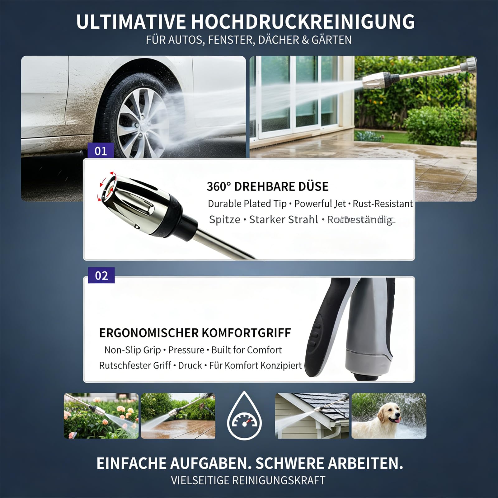 Power Jet Hochdruckpistole, Hochdruckpistole Für Gartenschlauch, Drei Sprüheffekte, 360° Drehbar, Ausgestattet Mit Metallgelenken Und 15 M Langem Teleskoprohr (A+15 m Wasserschlauch)